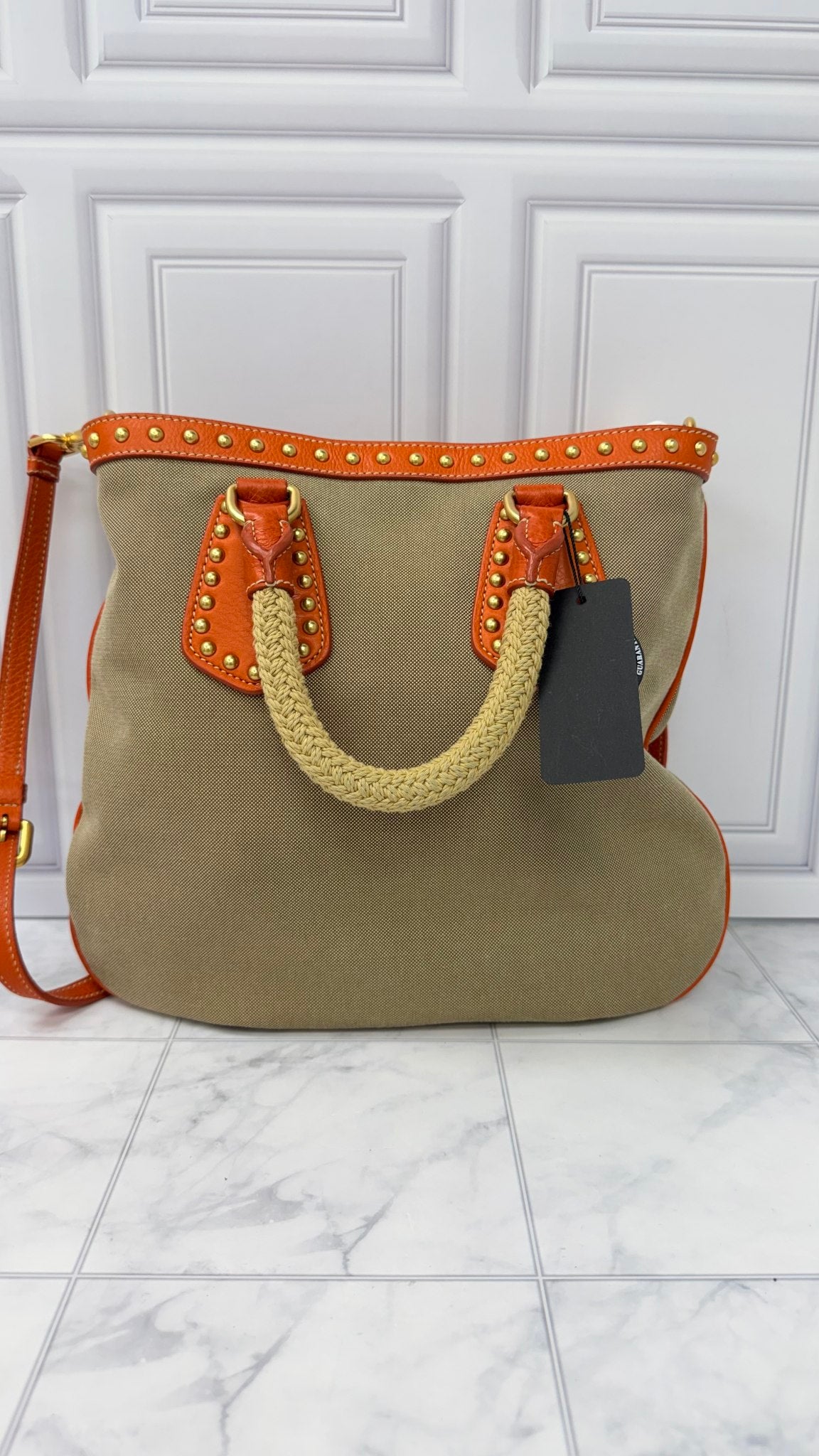 Prada Beige Canvas And Orange Leather 2Way Tote Bag 