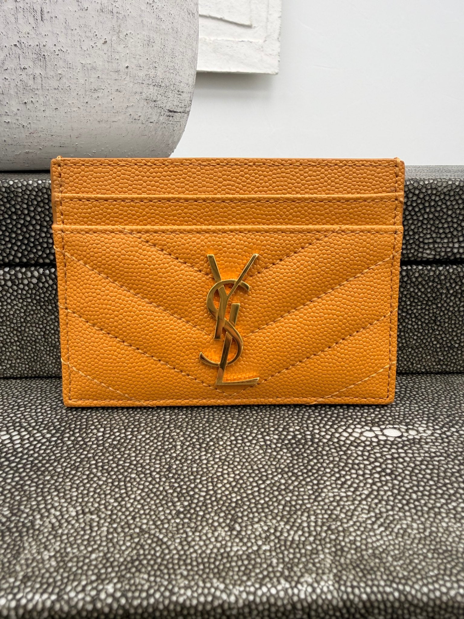 LIKE NEW - Saint Laurent YSL Mustard Grain De Poudre Leather Cassandre Matelasse Card Case 