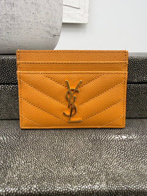 LIKE NEW - Saint Laurent YSL Mustard Grain De Poudre Leather Cassandre Matelasse Card Case