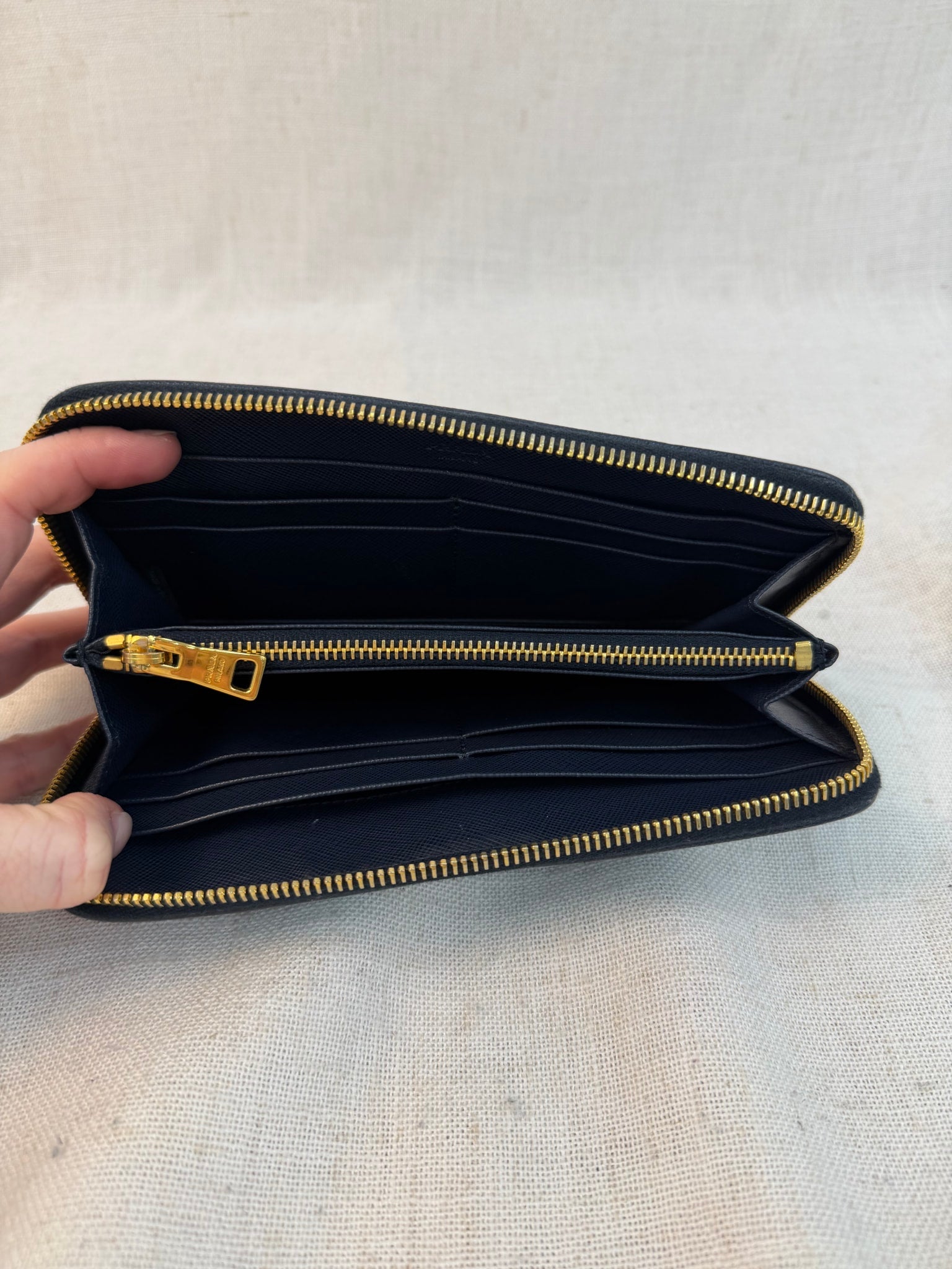 Prada Blue Saffiano Leather Floral Print Zippy Wallet