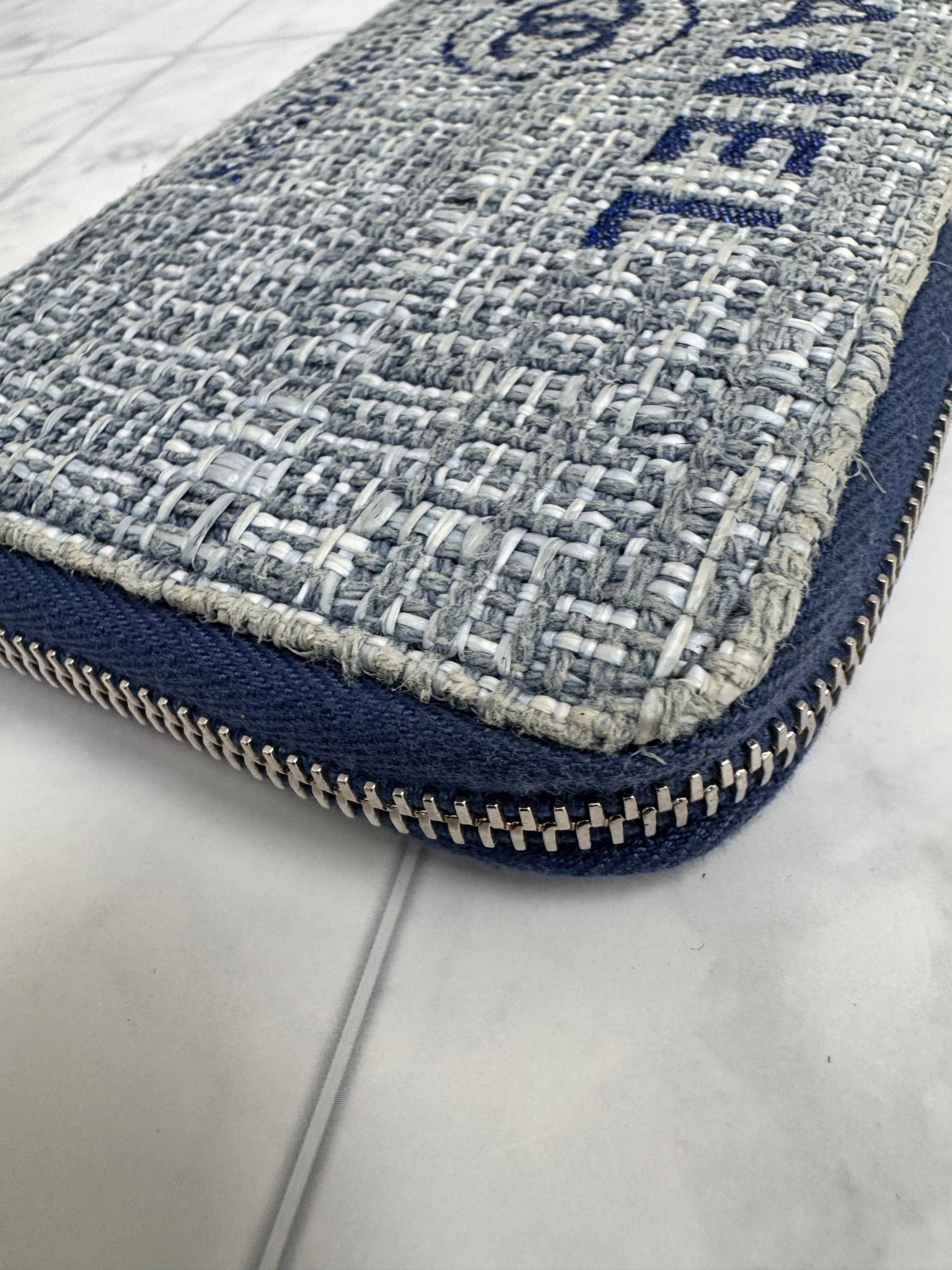 Chanel Blue Tweed Deauville Zippy Wallet