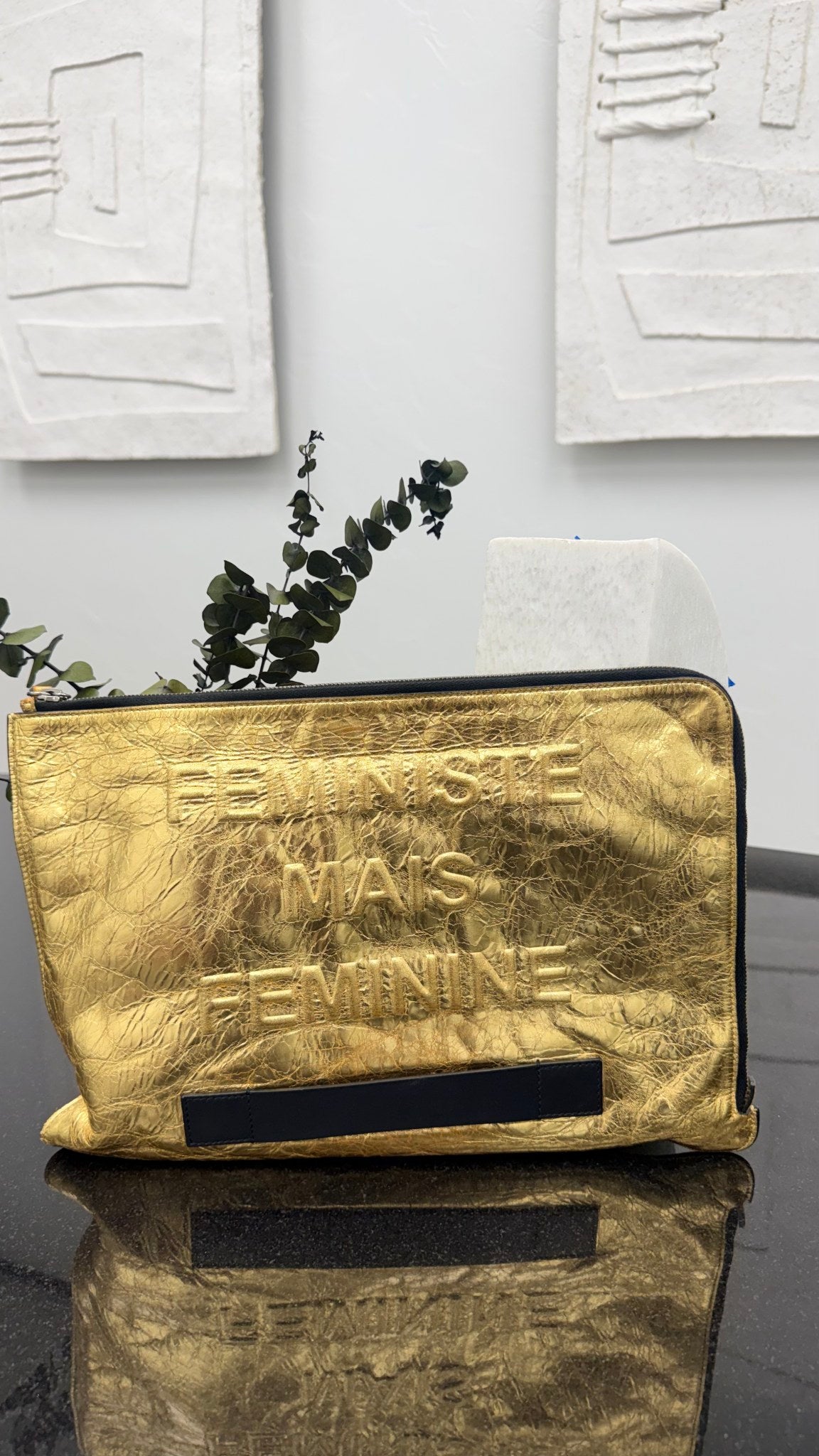Chanel Gold Crinkled Calfskin Leather Feministe Mais Feminine Pouch