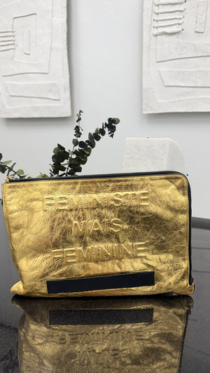 Chanel Gold Crinkled Calfskin Leather Feministe Mais Feminine Pouch