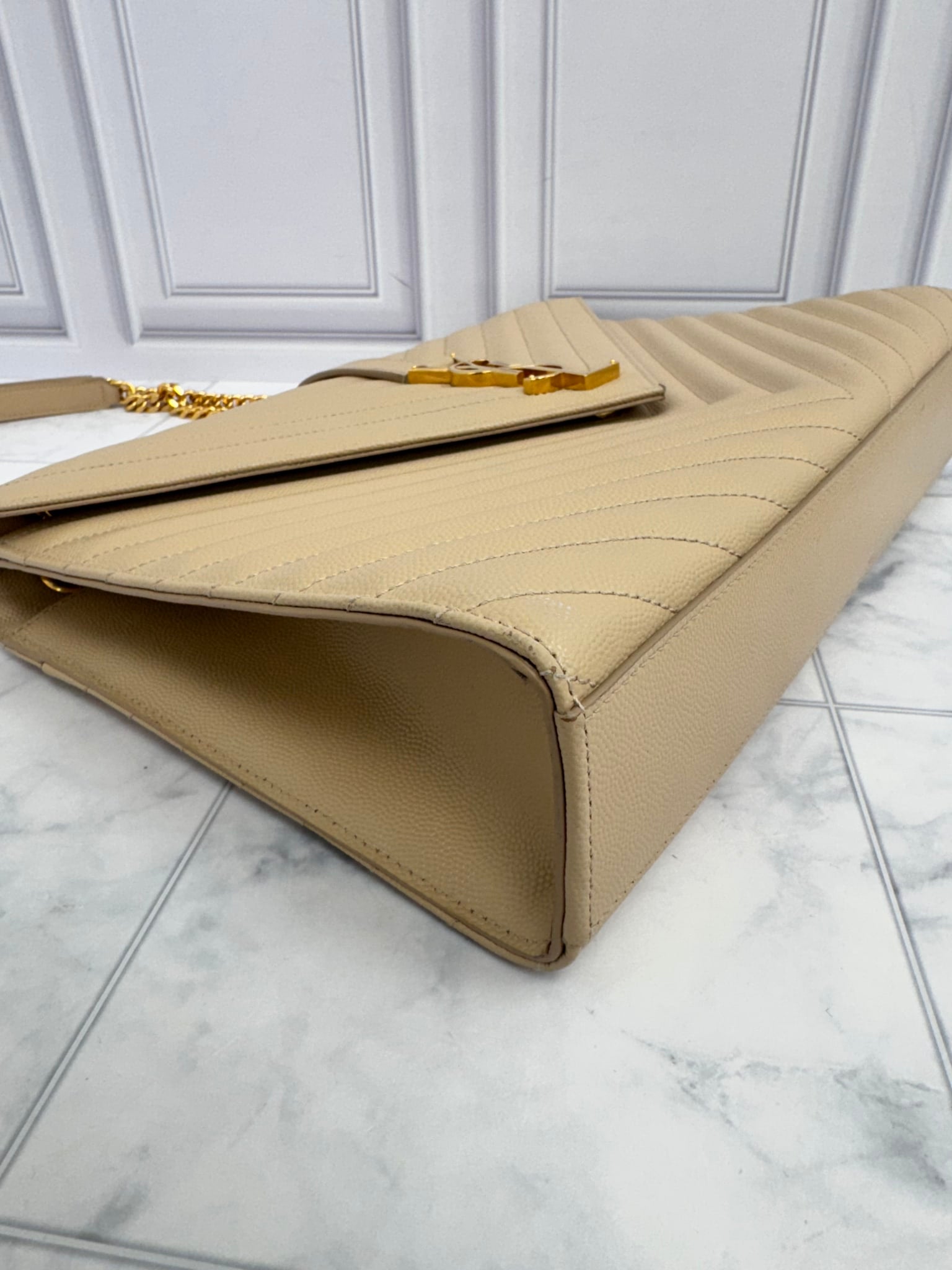 Saint Laurent YSL Beige Chevron Quilted Caviar Leather Large Monogram Envelope Chain Bag