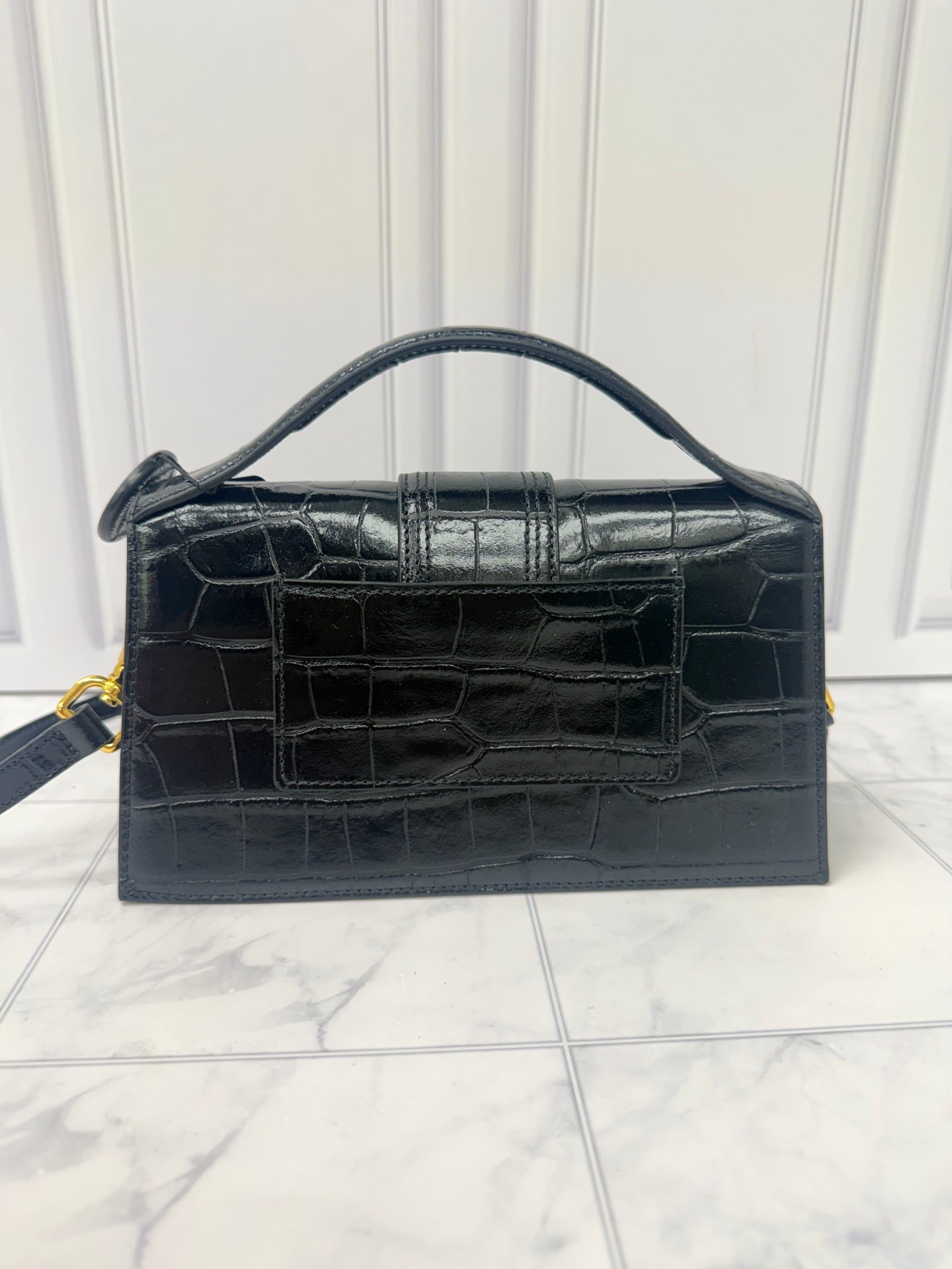 BRAND NEW - Jacquemus Black Croc Embossed Leather Le Grand Bambino 2Way Handbag