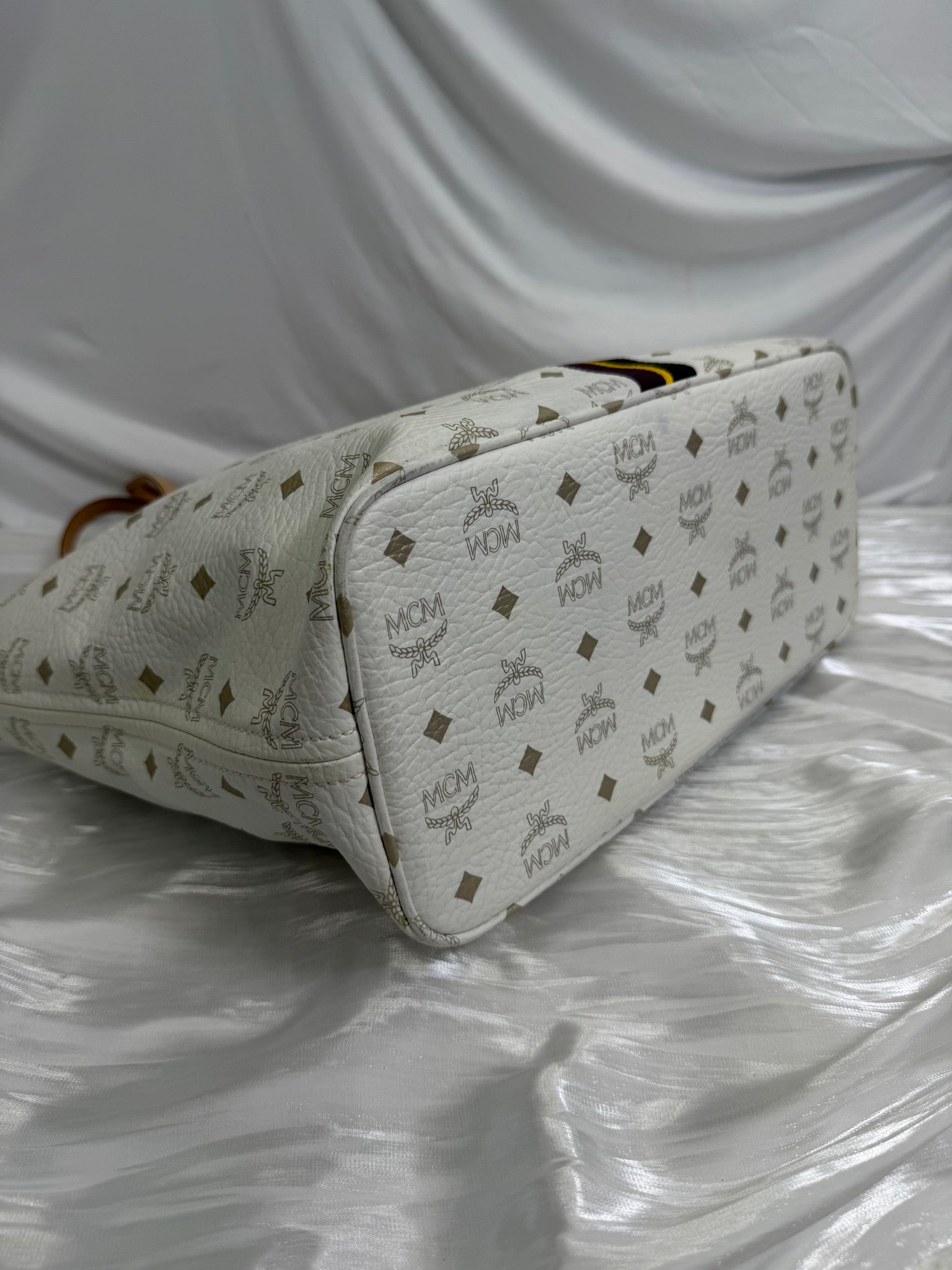 MCM Visetos Striped White Shopper Tote