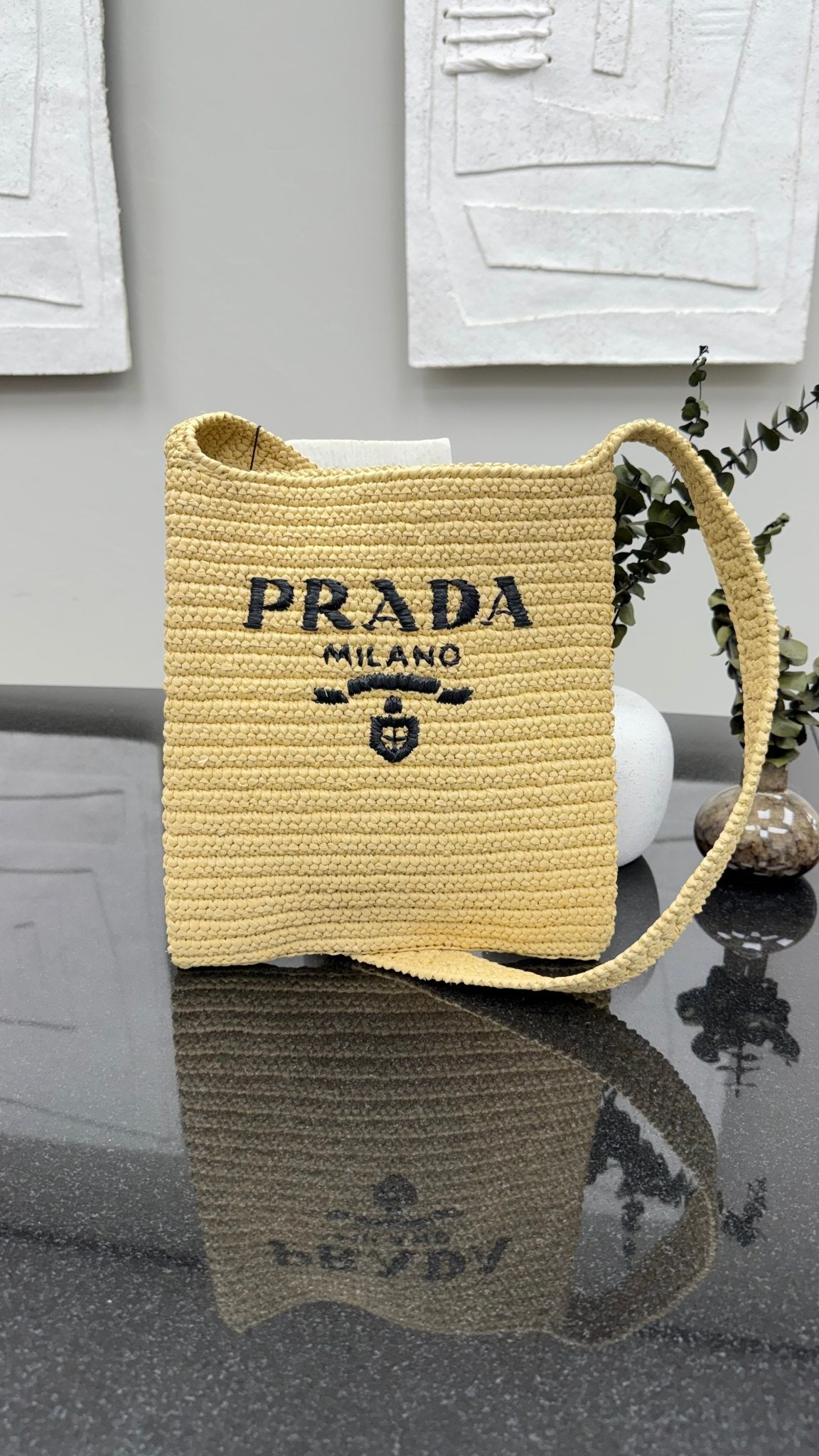 Prada Raffia Effect Crochet Shoulder Tote Bag