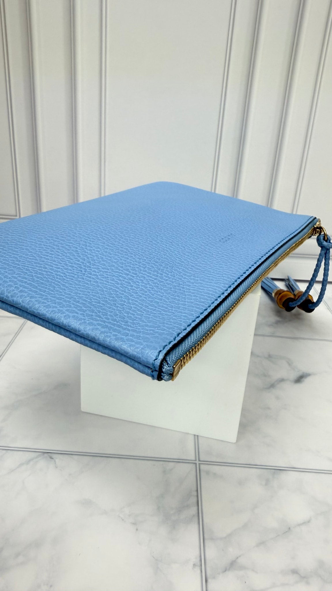 Gucci Blue Grained Leather Bamboo Clutch