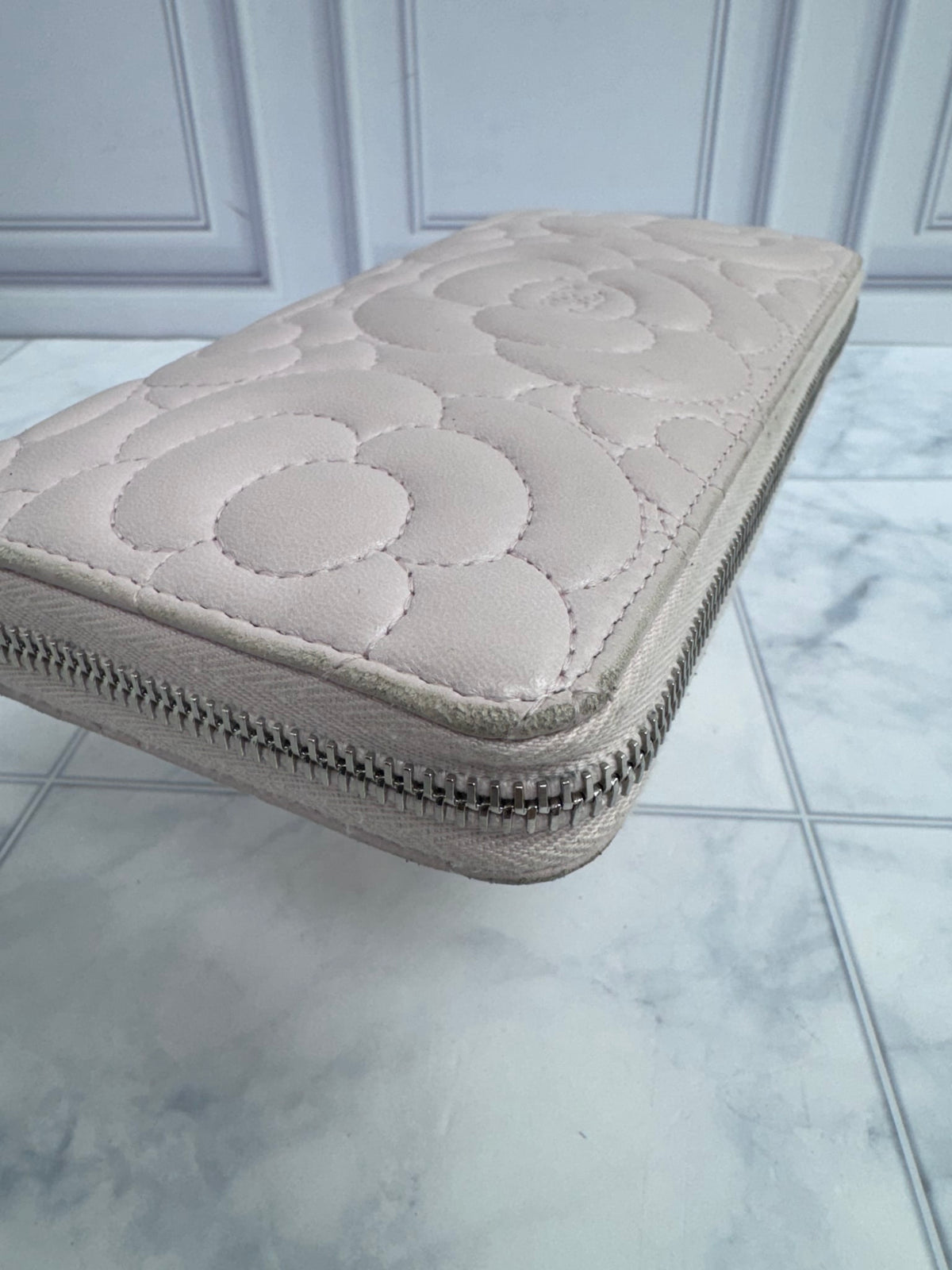 Chanel Pink Camellia Embossed Calfskin Leather Zippy Wallet