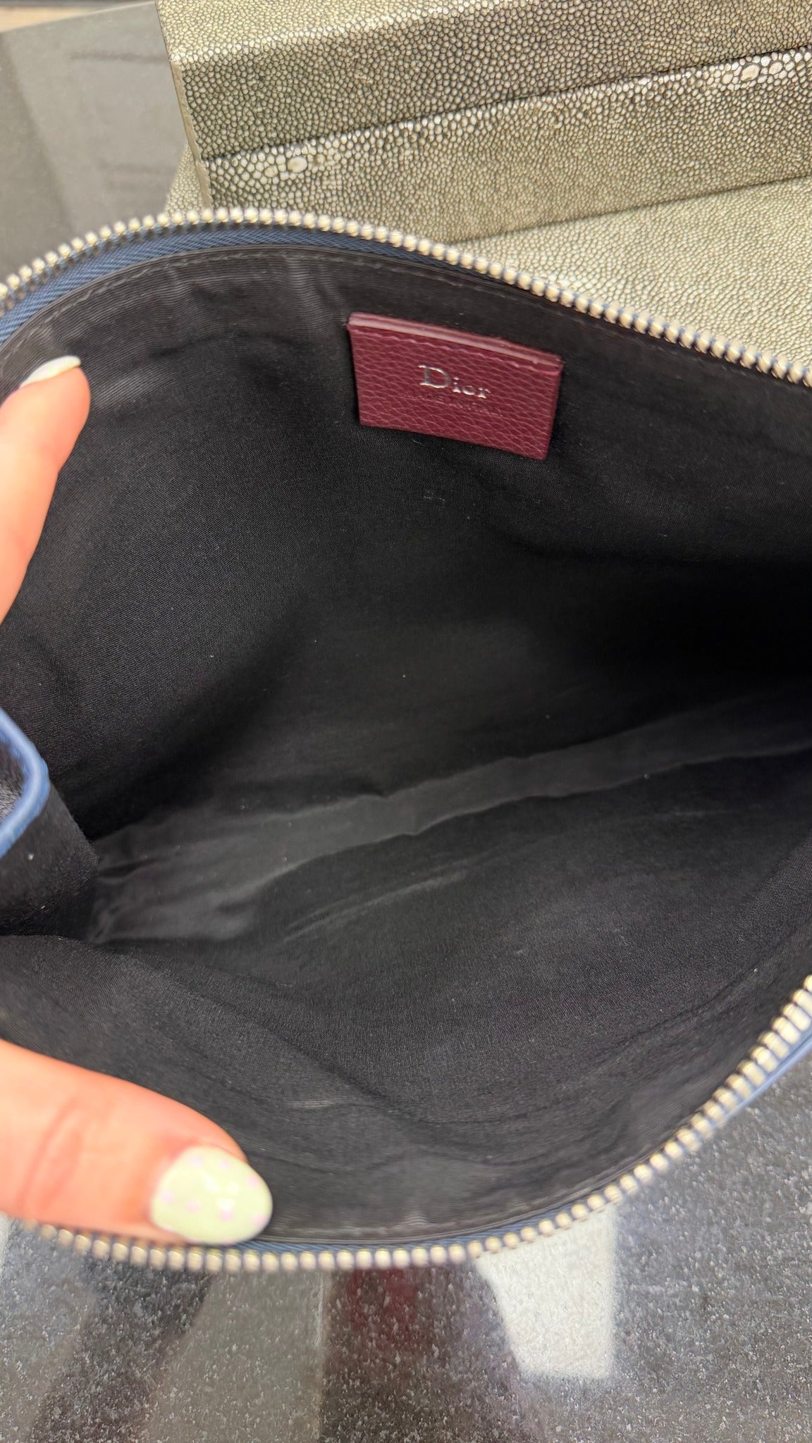 Christian Dior Blue Leather Zip Bee Wristlet