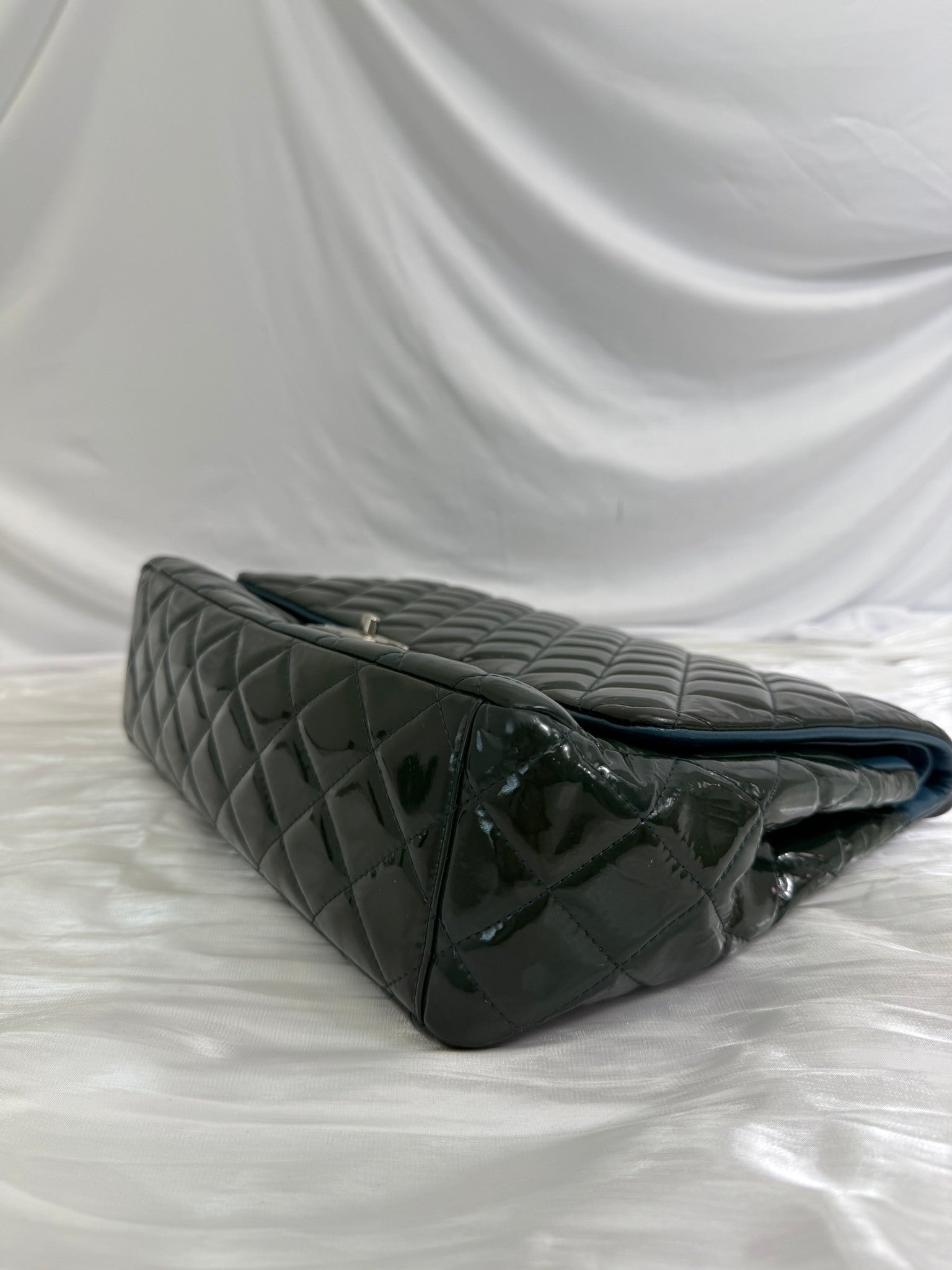 Chanel Dark Green Quilted Patent Leather Maxi Double Flap Bag
