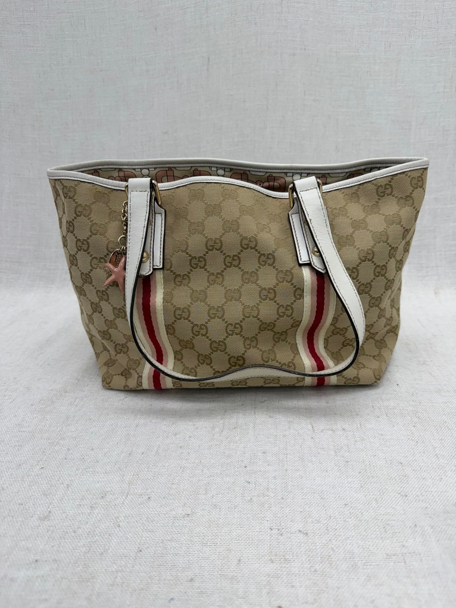 Gucci Beige GG Canvas & Pink Web Straps Shoulder Tote