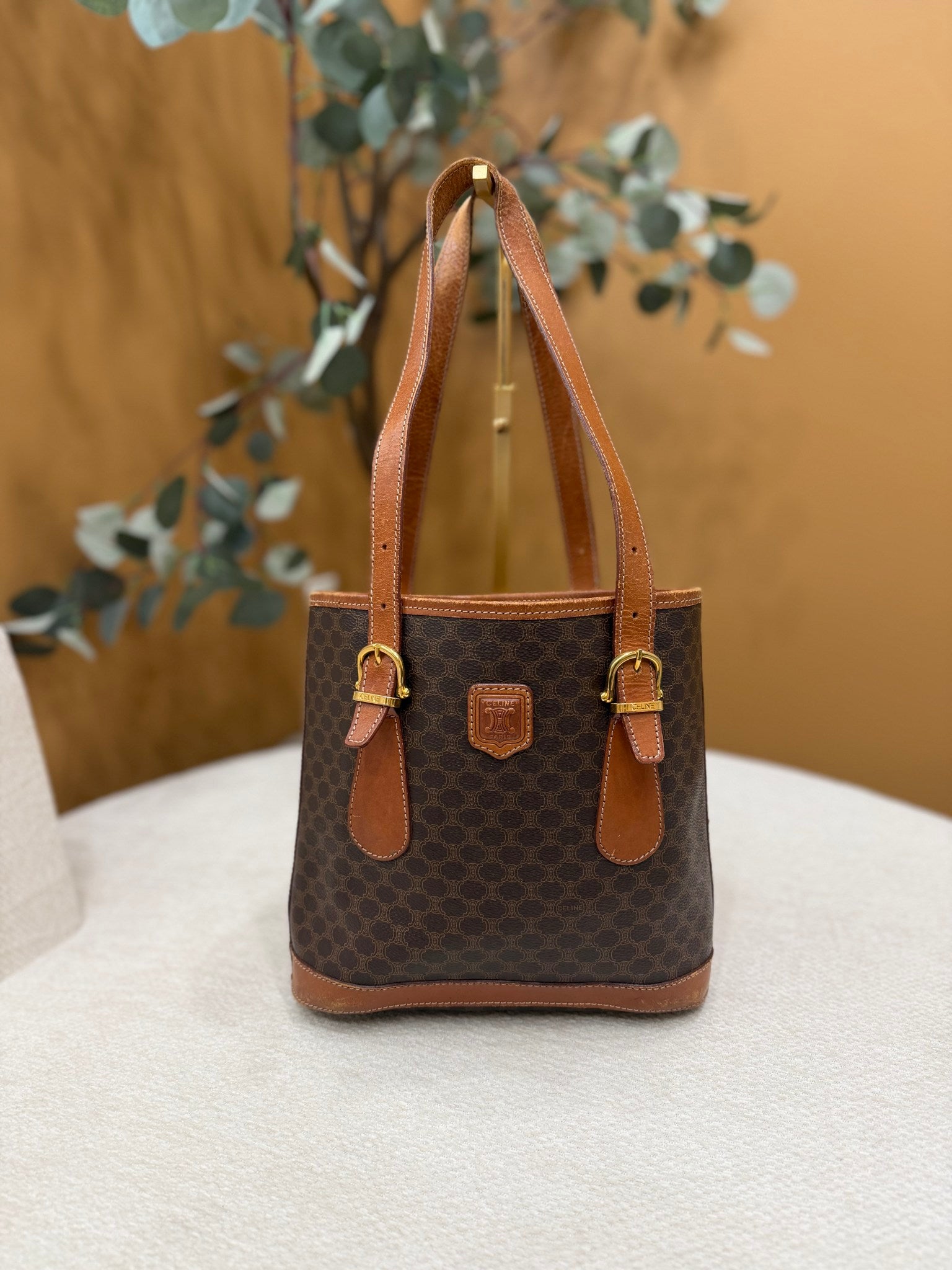 Celine Brown Coated Canvas Macadam Tote Bag