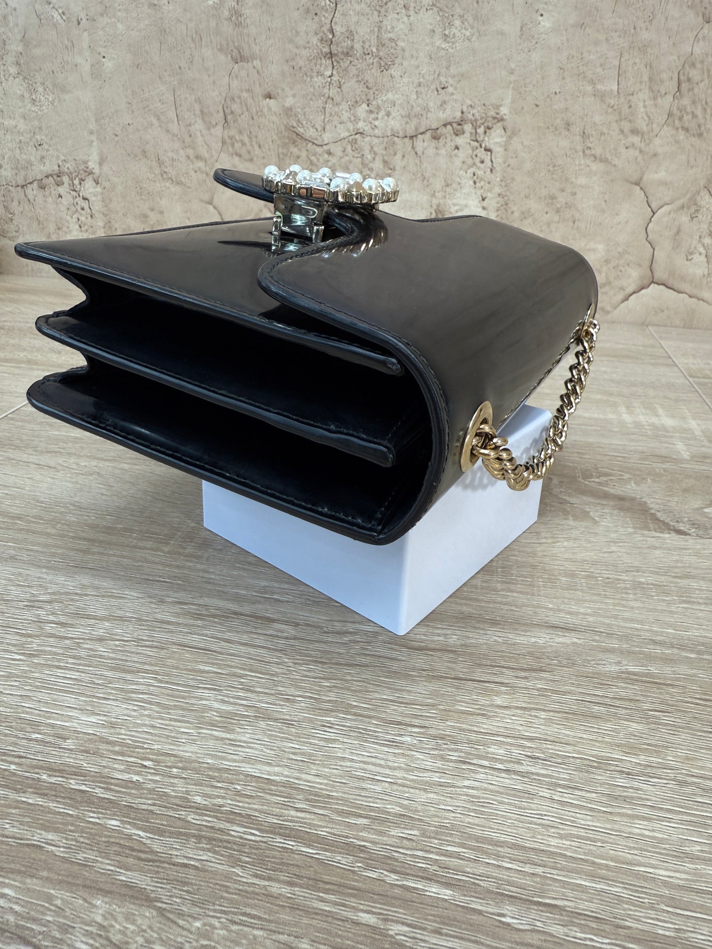 Gucci Black Patent Leather Embellished Interlocking G Small Shoulder Bag