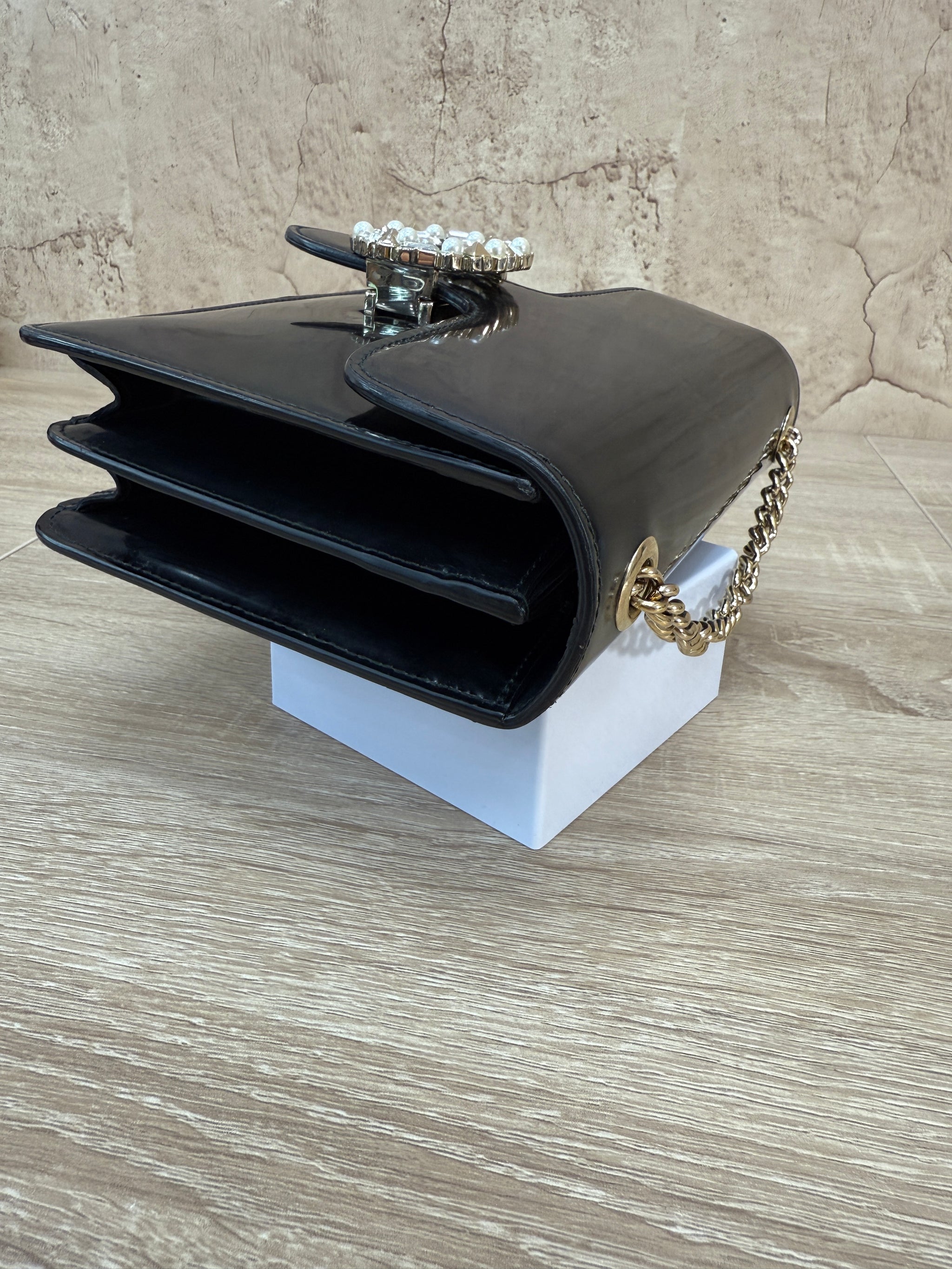 Gucci Black Patent Leather Embellished Interlocking G Small Shoulder Bag
