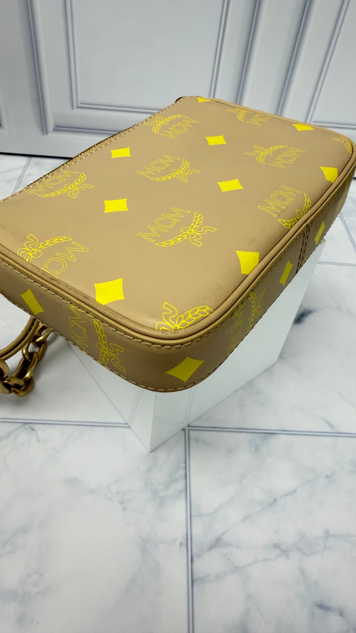 MCM Beige Leather Chain Crossbody Bag