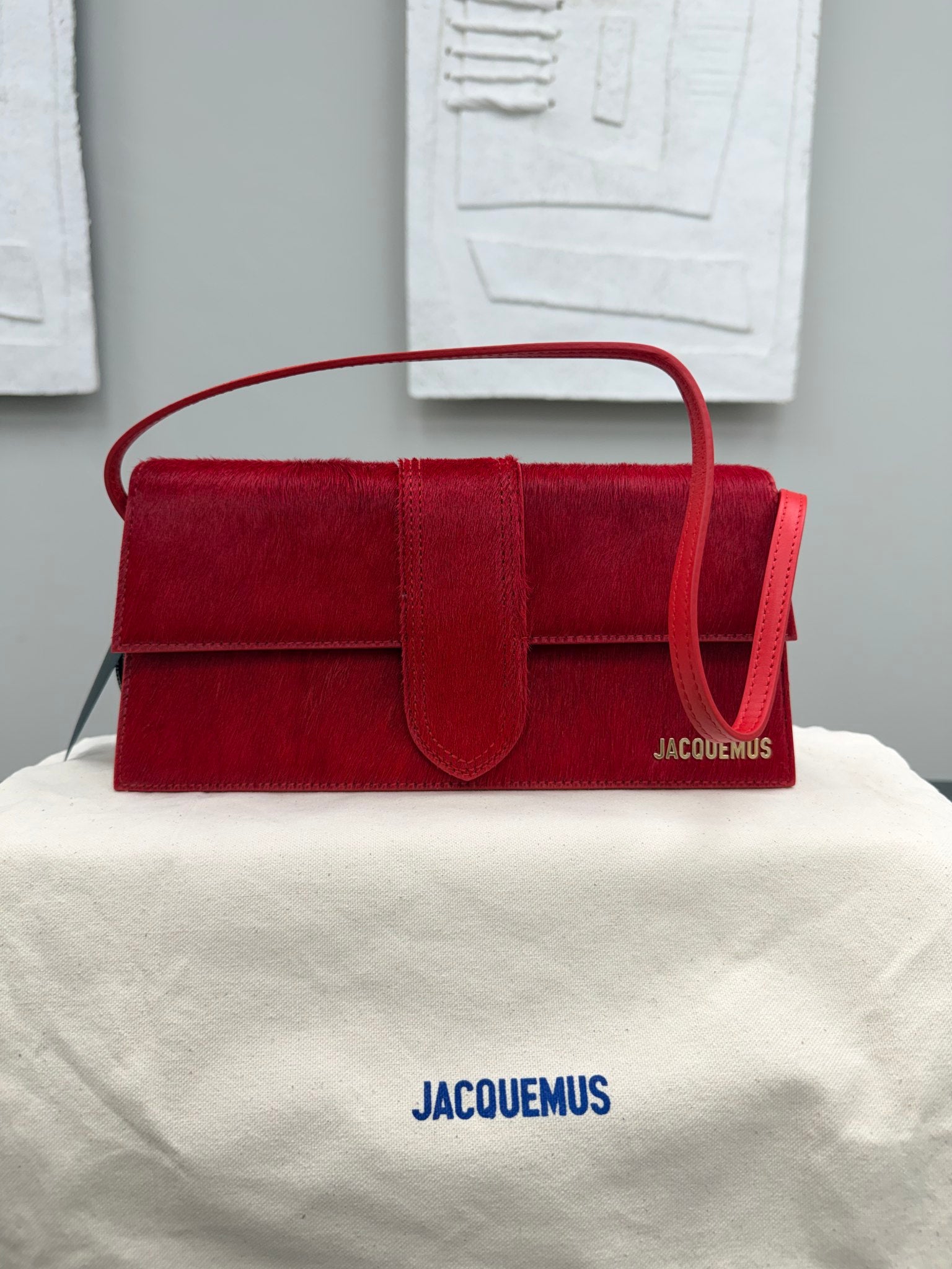 BRAND NEW - Jacquemus Red Pony Hair Le Bambino Long Shoulder Bag