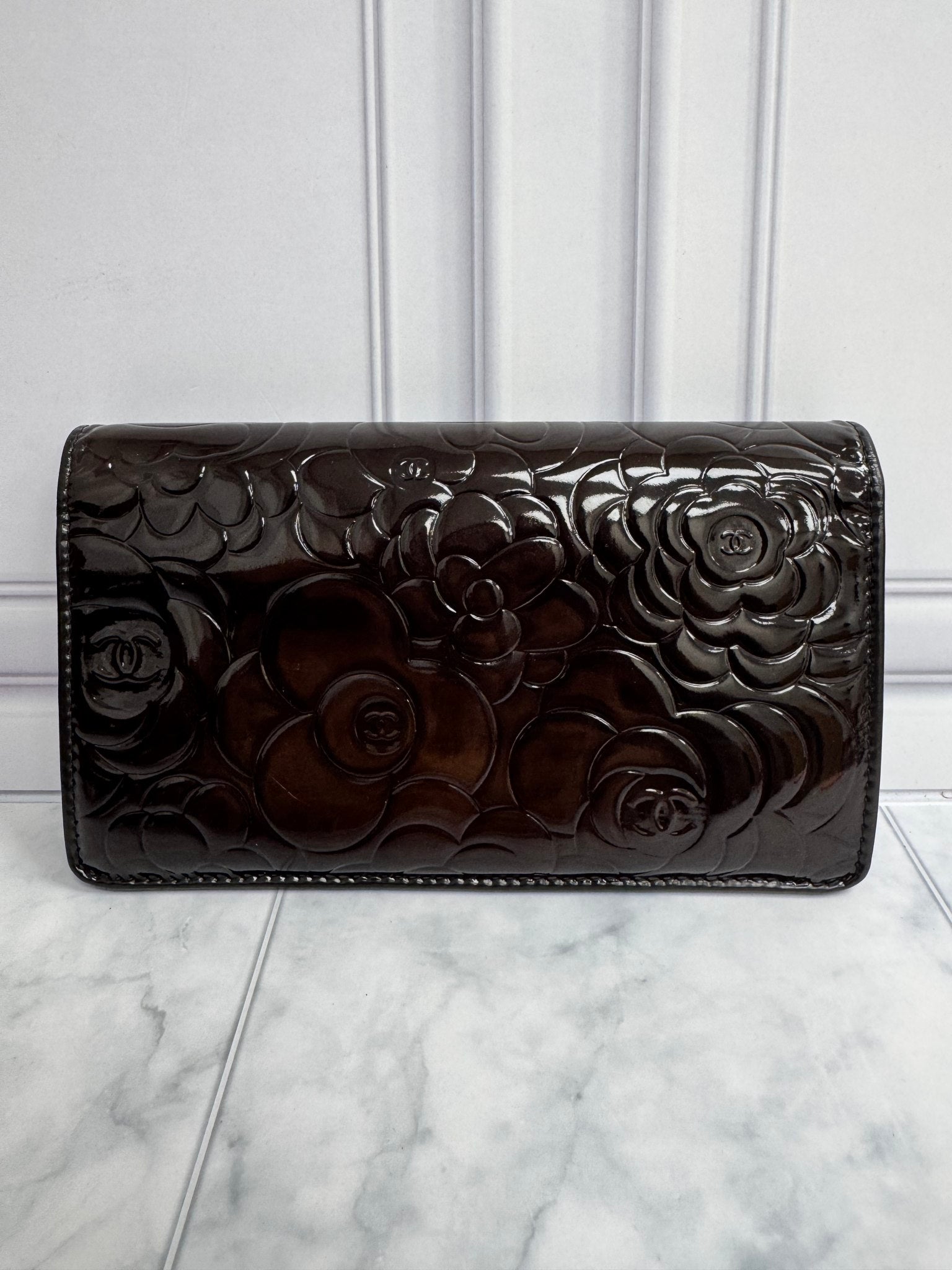 Chanel Dark Brown Patent Leather Camilla Long Wallet