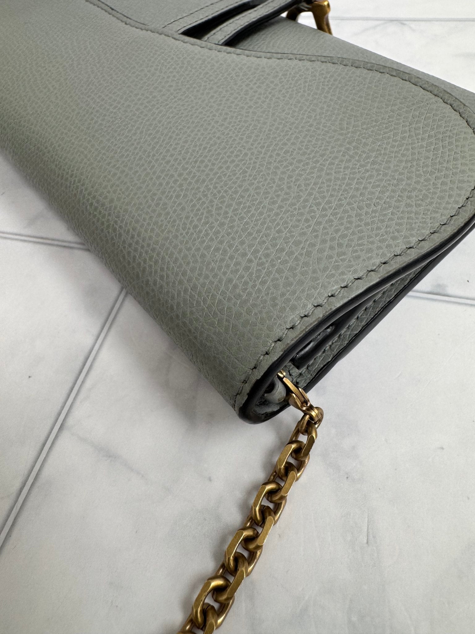 Christian Dior Grey Grained Leather Saddle Wallet On A Chain