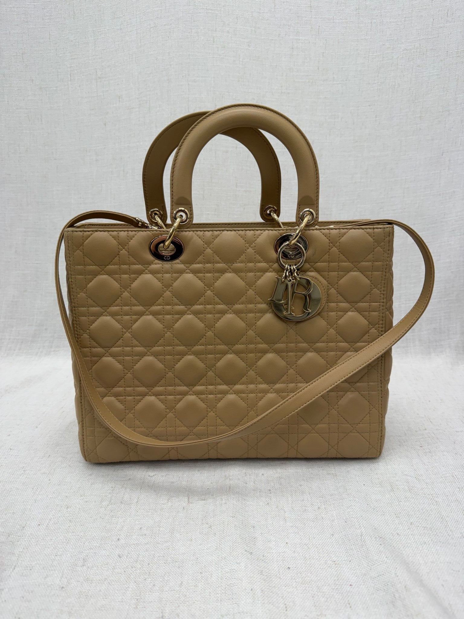 Christian Dior Tan Cannage Leather Large Lady Dior Handbag