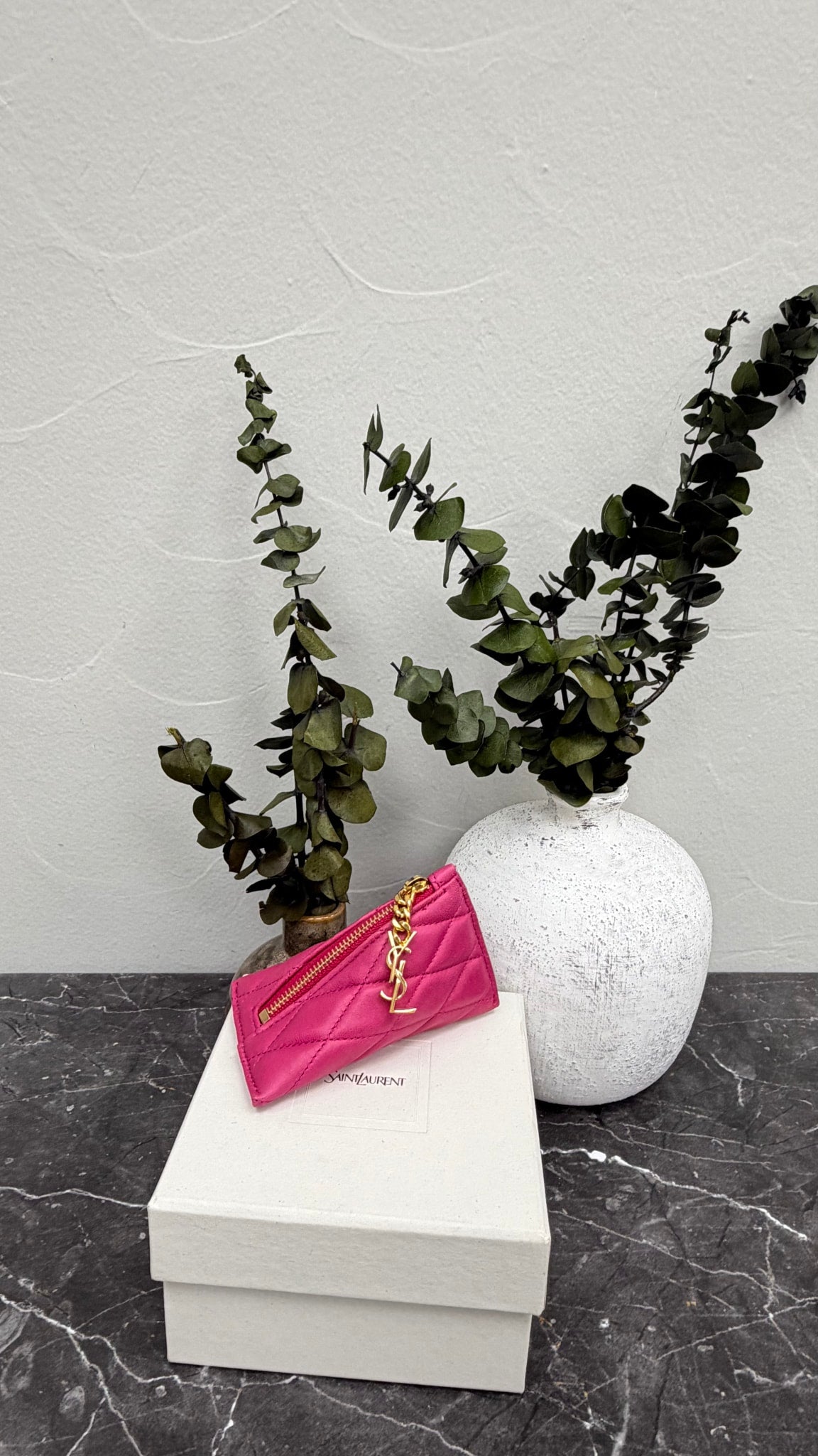Saint Laurent YSL Hot Pink Quilted Leather Triangle Key Chain