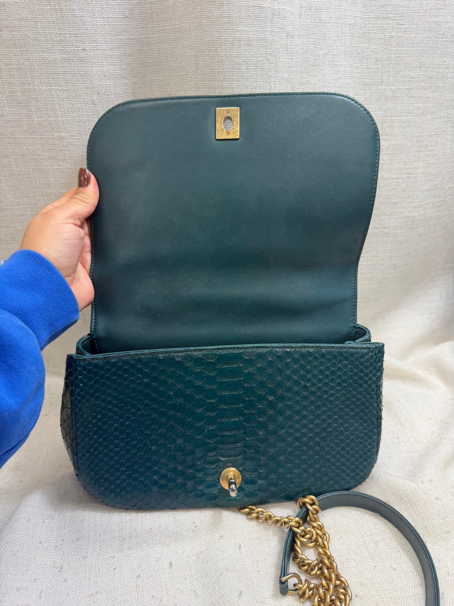 Chanel Deep Green Python Leather Top Handle Flap Bag 
