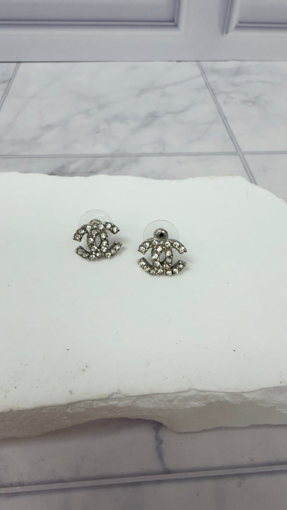 Chanel Silver Tone Crystal CC Stud Earrings 