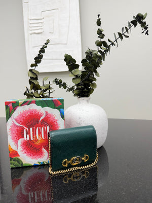 Gucci Green Grained Leather Zumi Wallet On A Chain