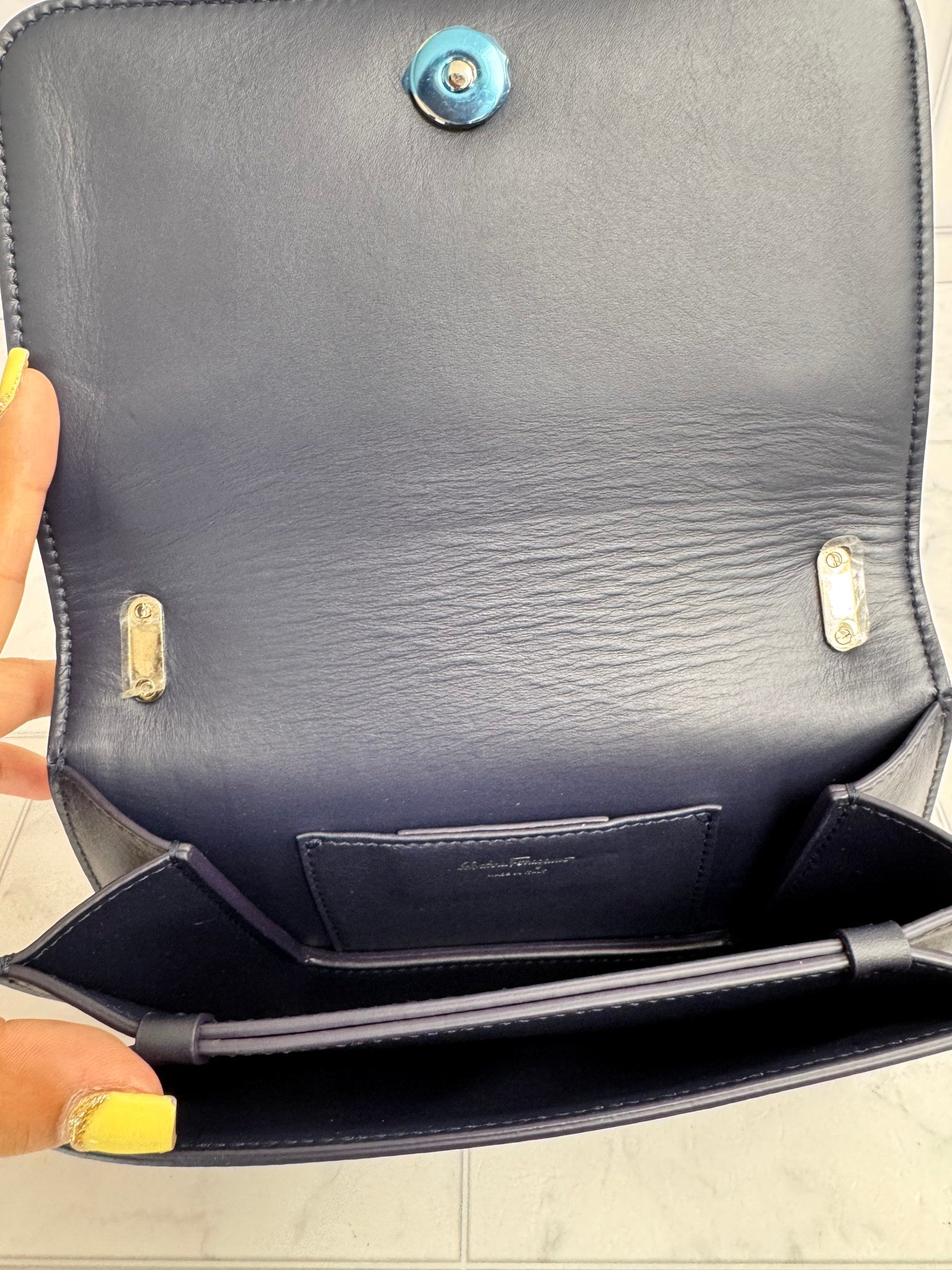 LIKE NEW - Salvatore Ferragamo Blue Leather And Python Texture Vara Bow Chain Shoulder Bag