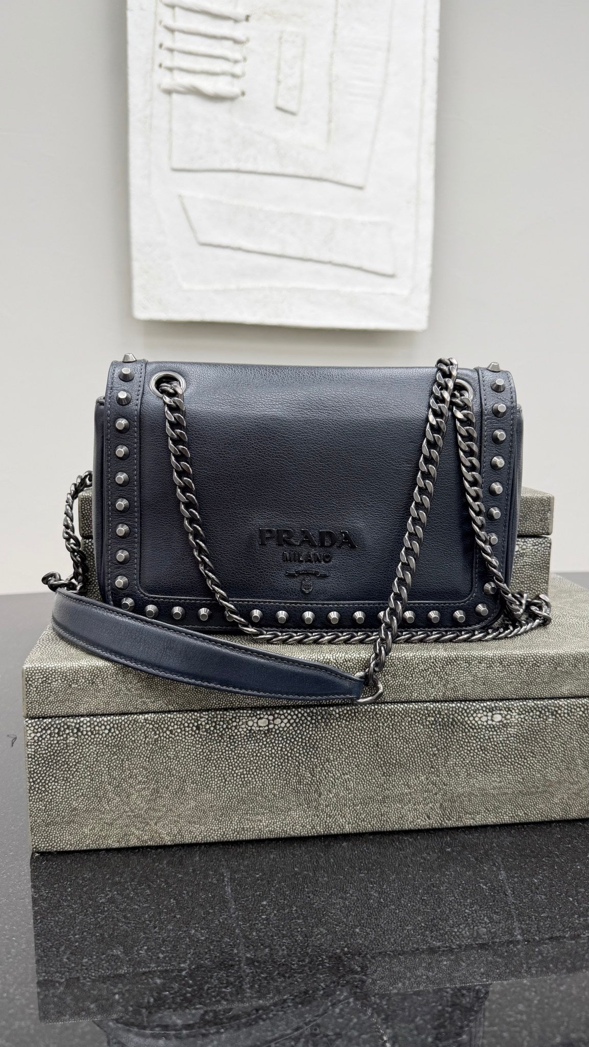 Prada Black Leather Studded Crossbody 