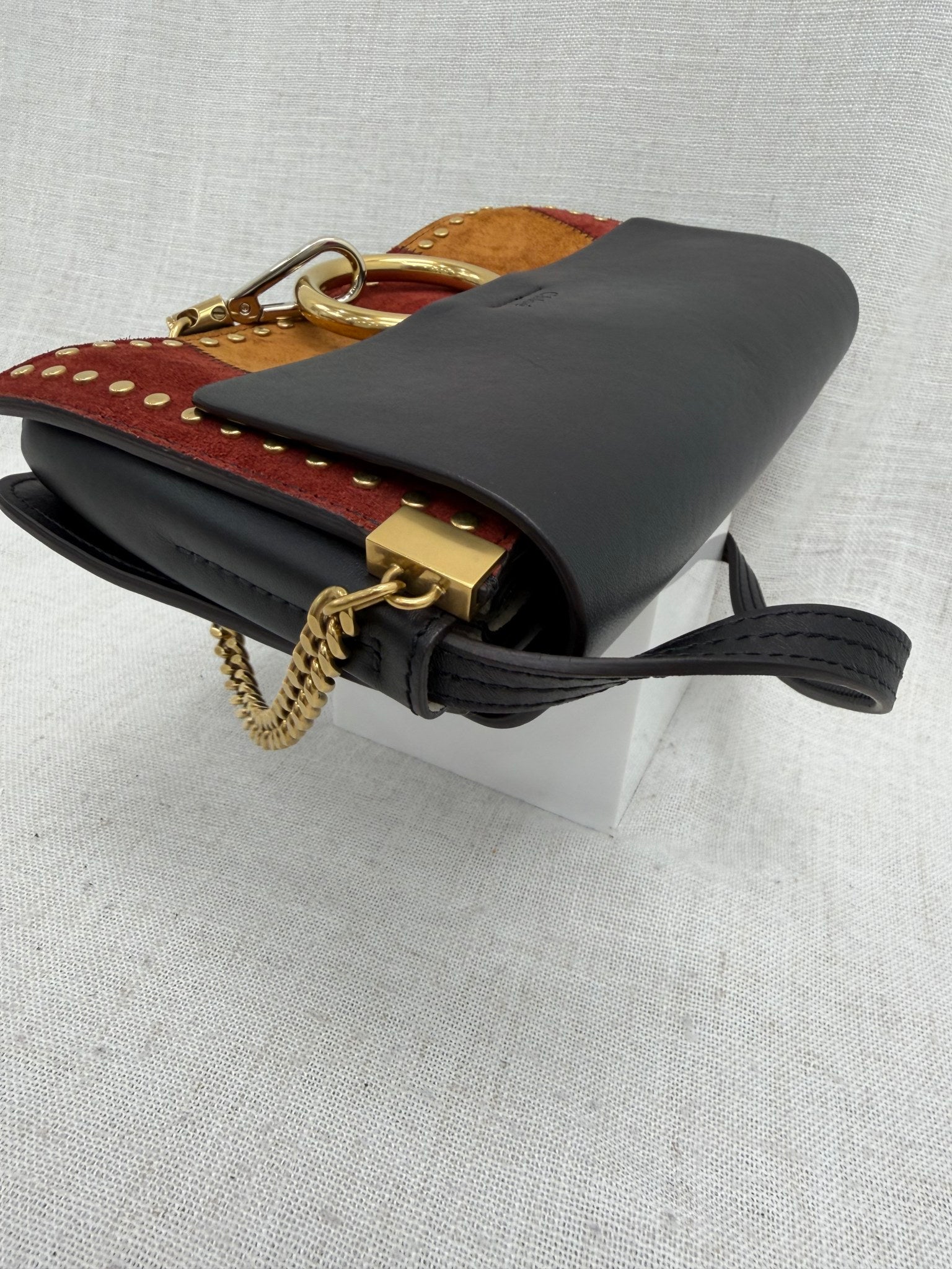 Chloe Tricolor Patchwork Suede & Leather Studded Faye Shoulder Bag