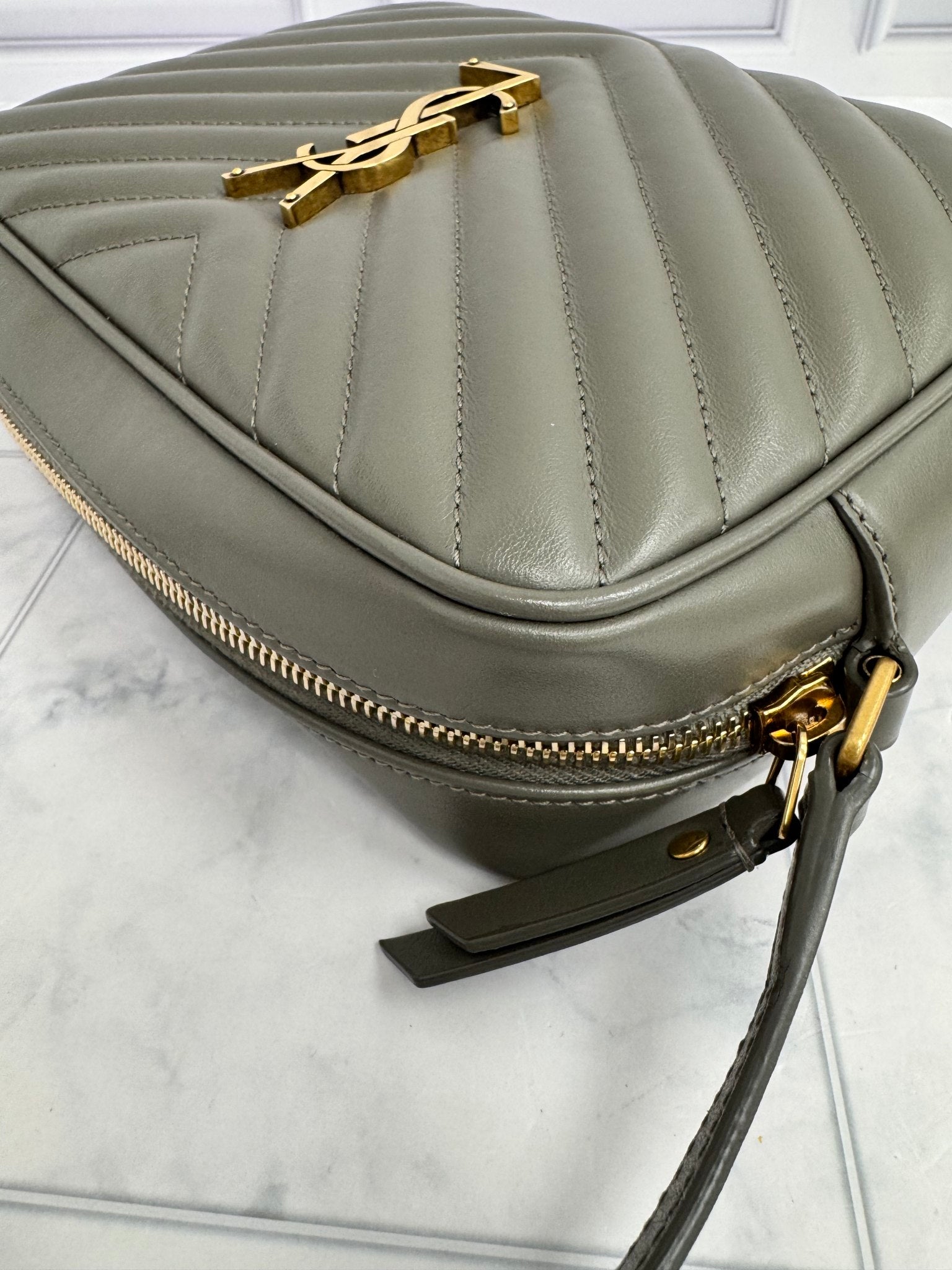 LIKE NEW - Saint Laurent YSL Grey Chevron Quilted Leather Lou Camera Bag