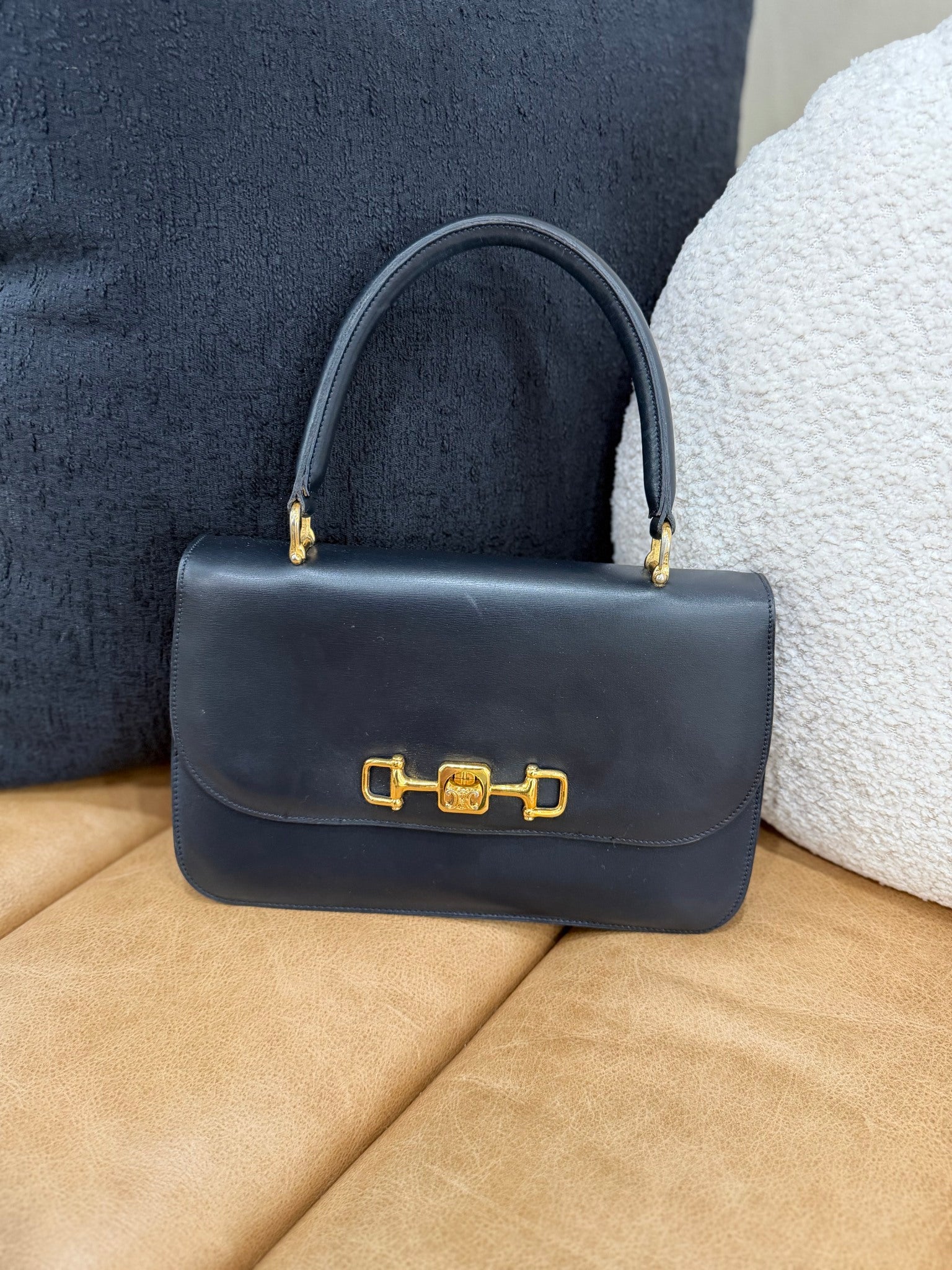 Celine Vintage Dark Navy Leather Turn Lock Top Handle