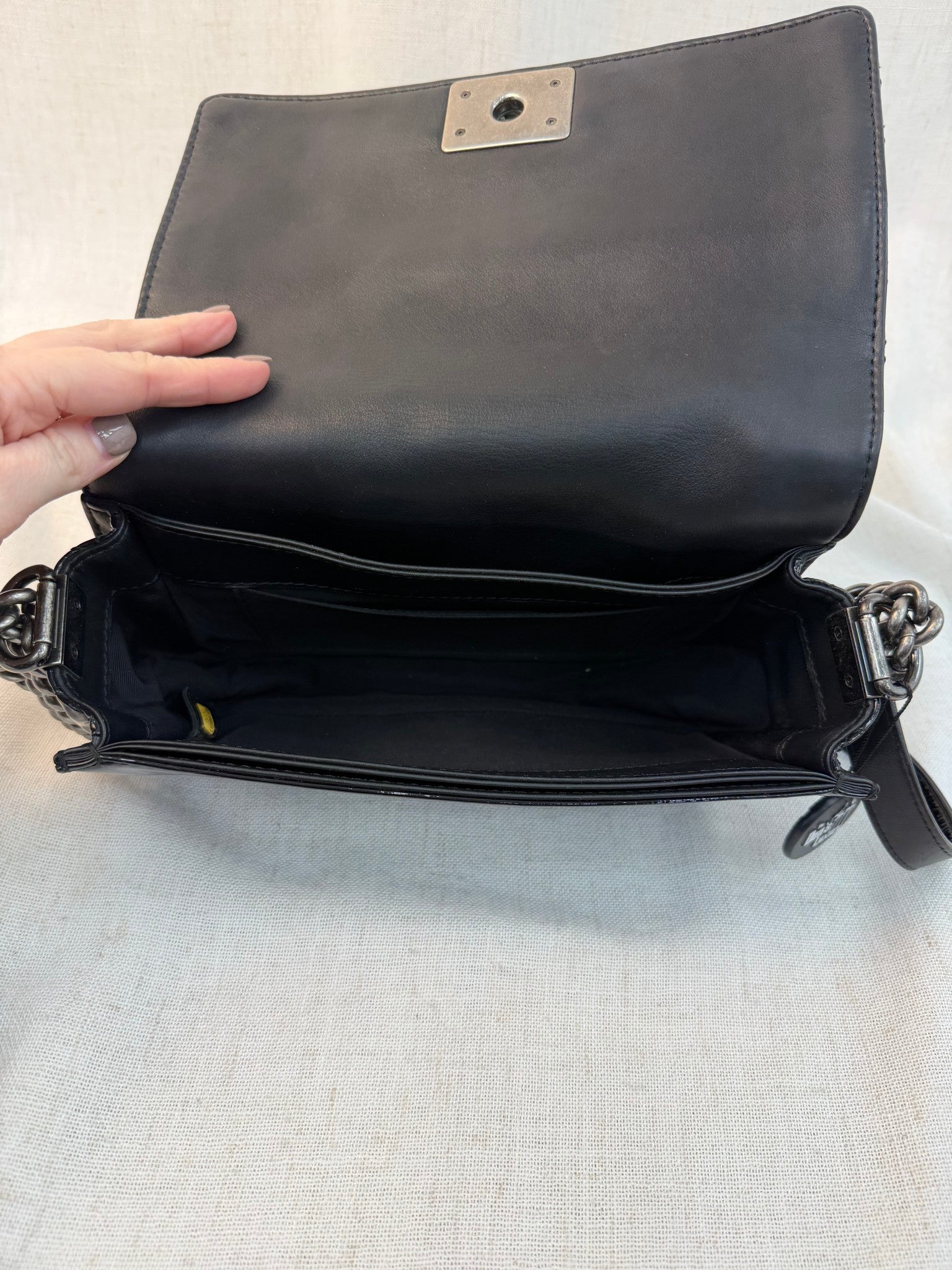 Chanel Black Patent Leather Medium Boy Bag