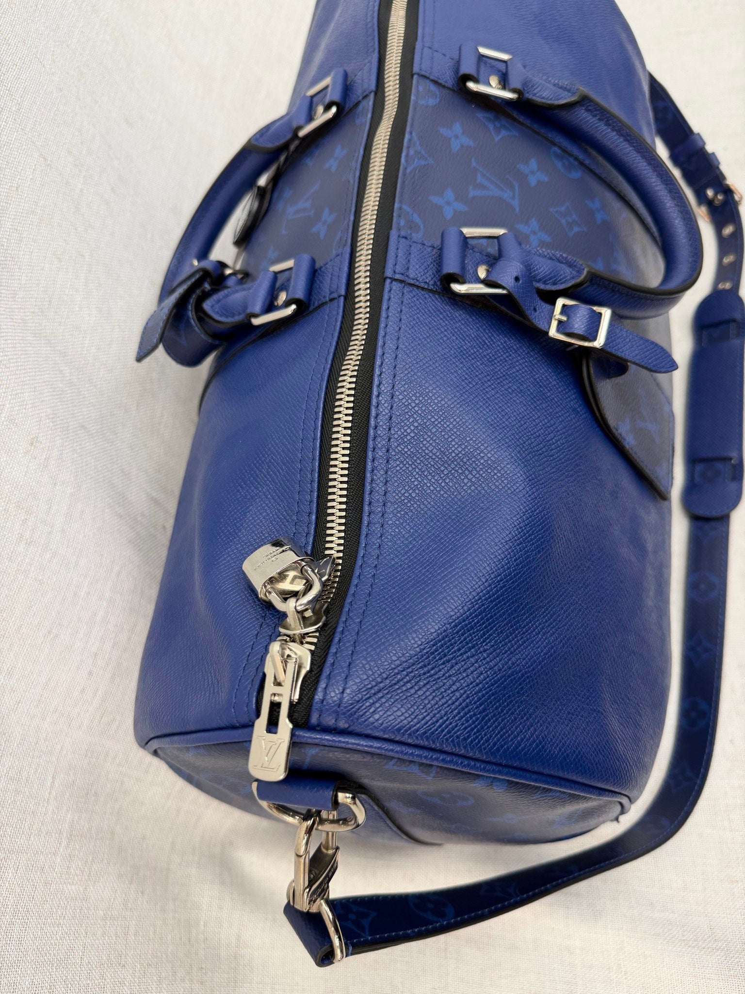 Louis Vuitton Cobalt Blue Monogram & Taiga Keepall Bandouliere 50