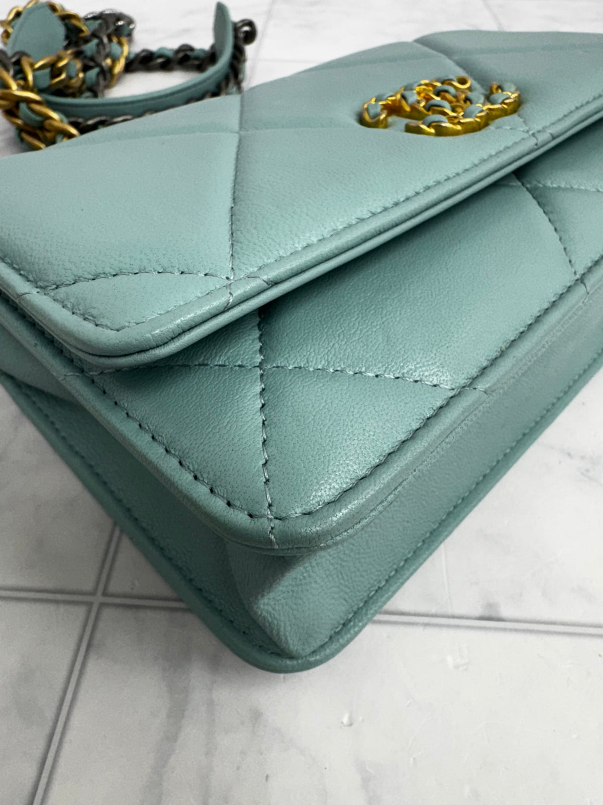 Chanel 19 Teal Quilted Lambskin Leather Wallet On A Chain