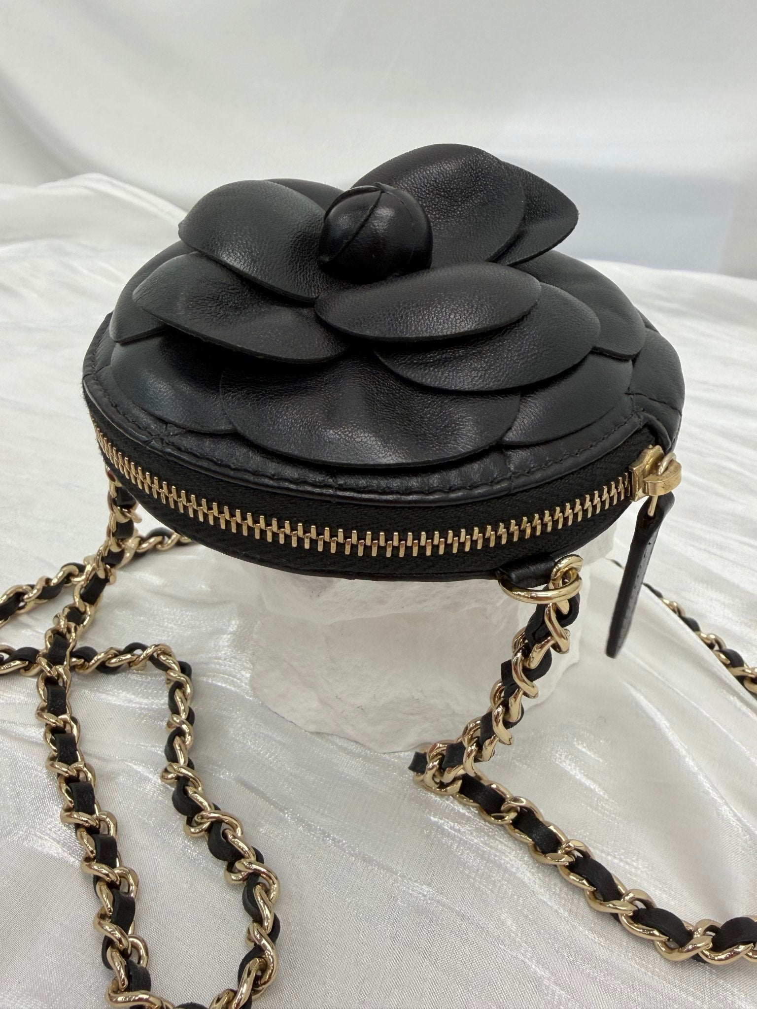 LIKE NEW- Chanel Black Lambskin Round Camellia Clutch on a Chain 