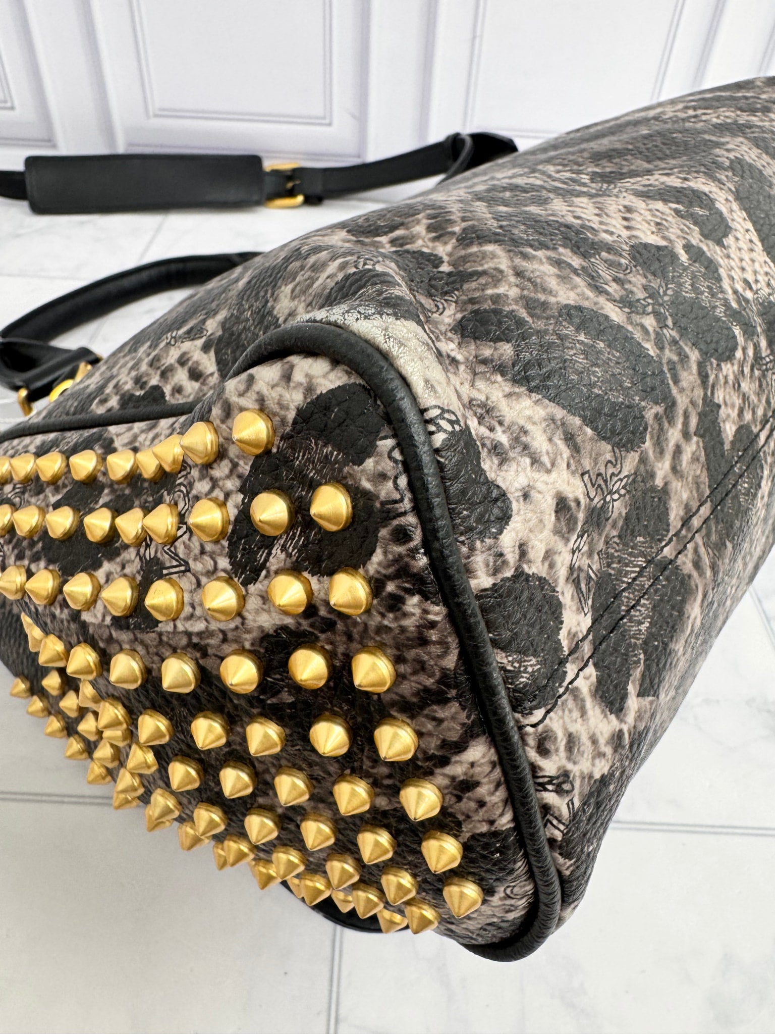 MCM Black & Leopard Print Leather Studded Crossbody Bag