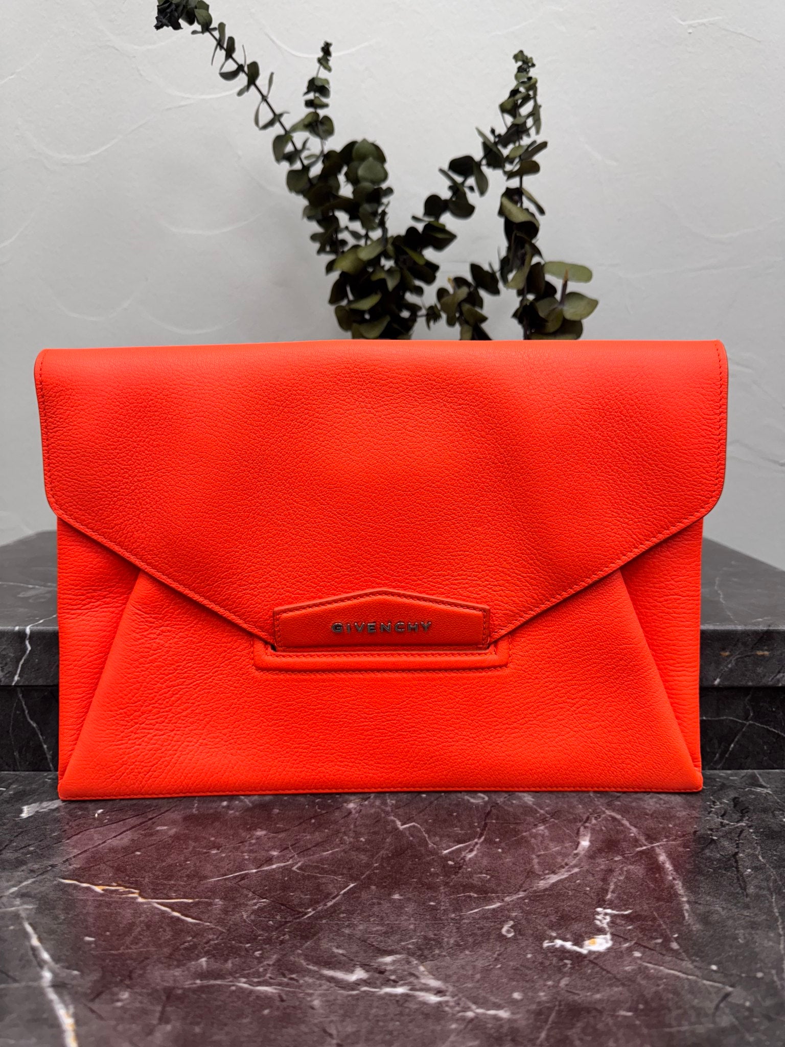 Givenchy Orange Pebbled Leather Antigona Envelope Clutch