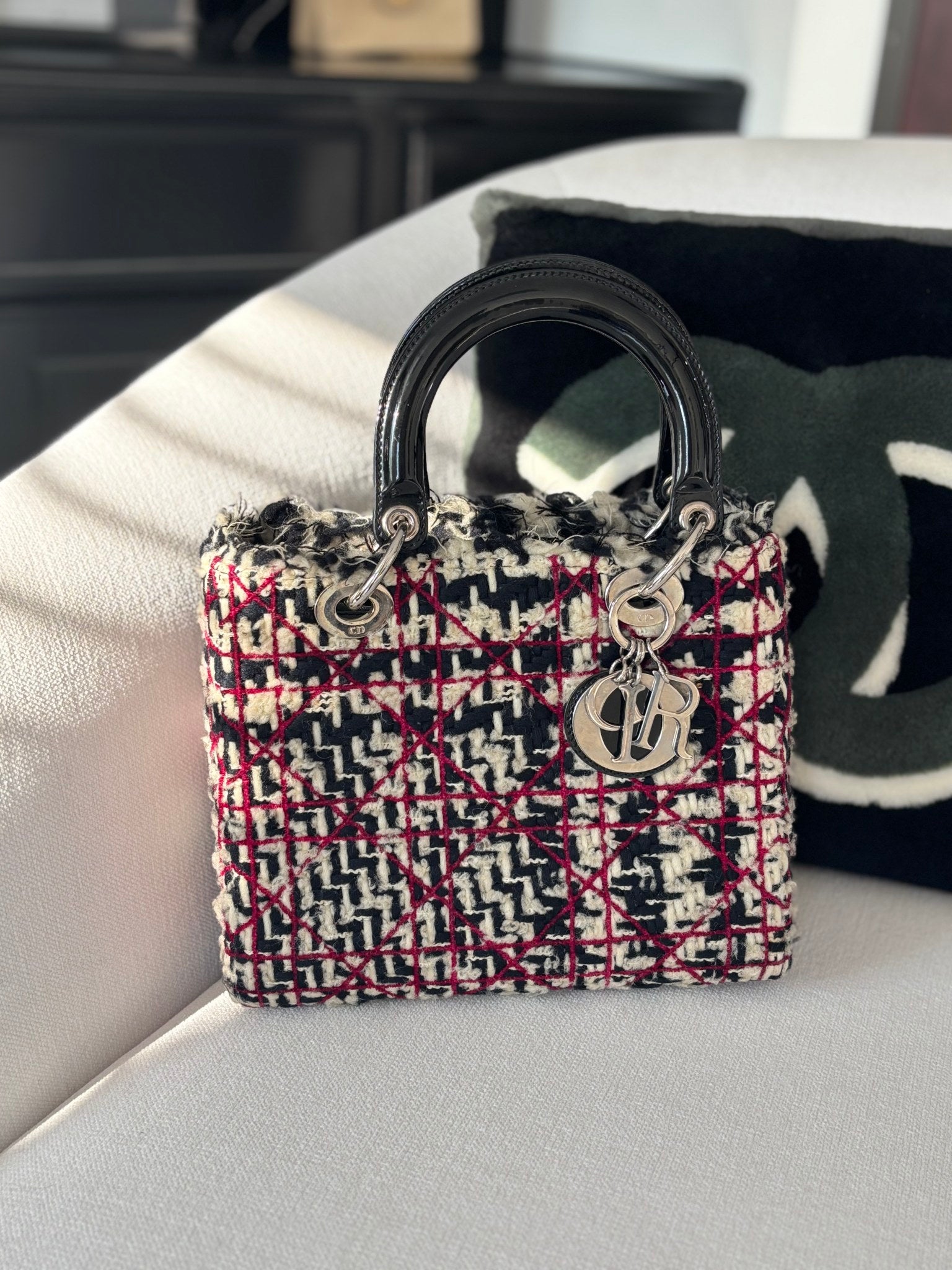 Christian Dior Multicolor Tweed Cannage Large Top Handle Bag