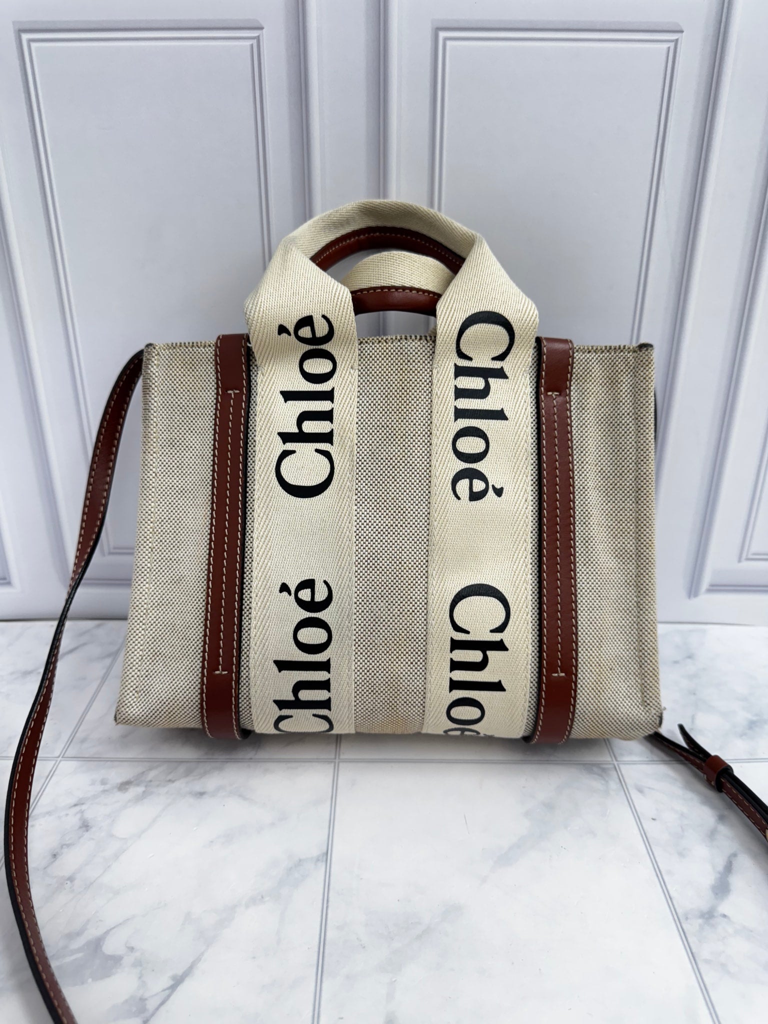 Chloe Beige Canvas Woody Small Tote Bag