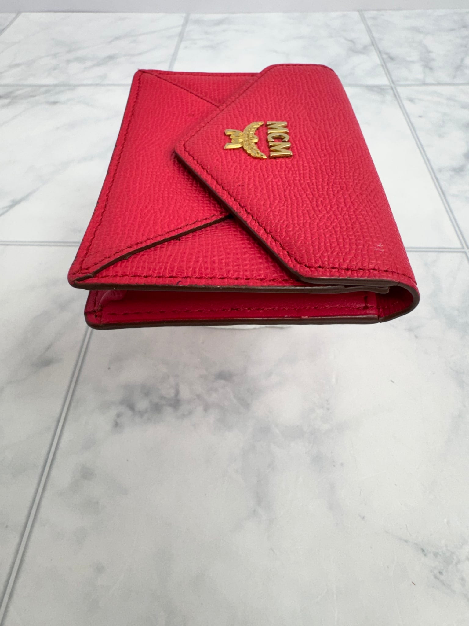 MCM Red Grained Leather Envelope Card Case