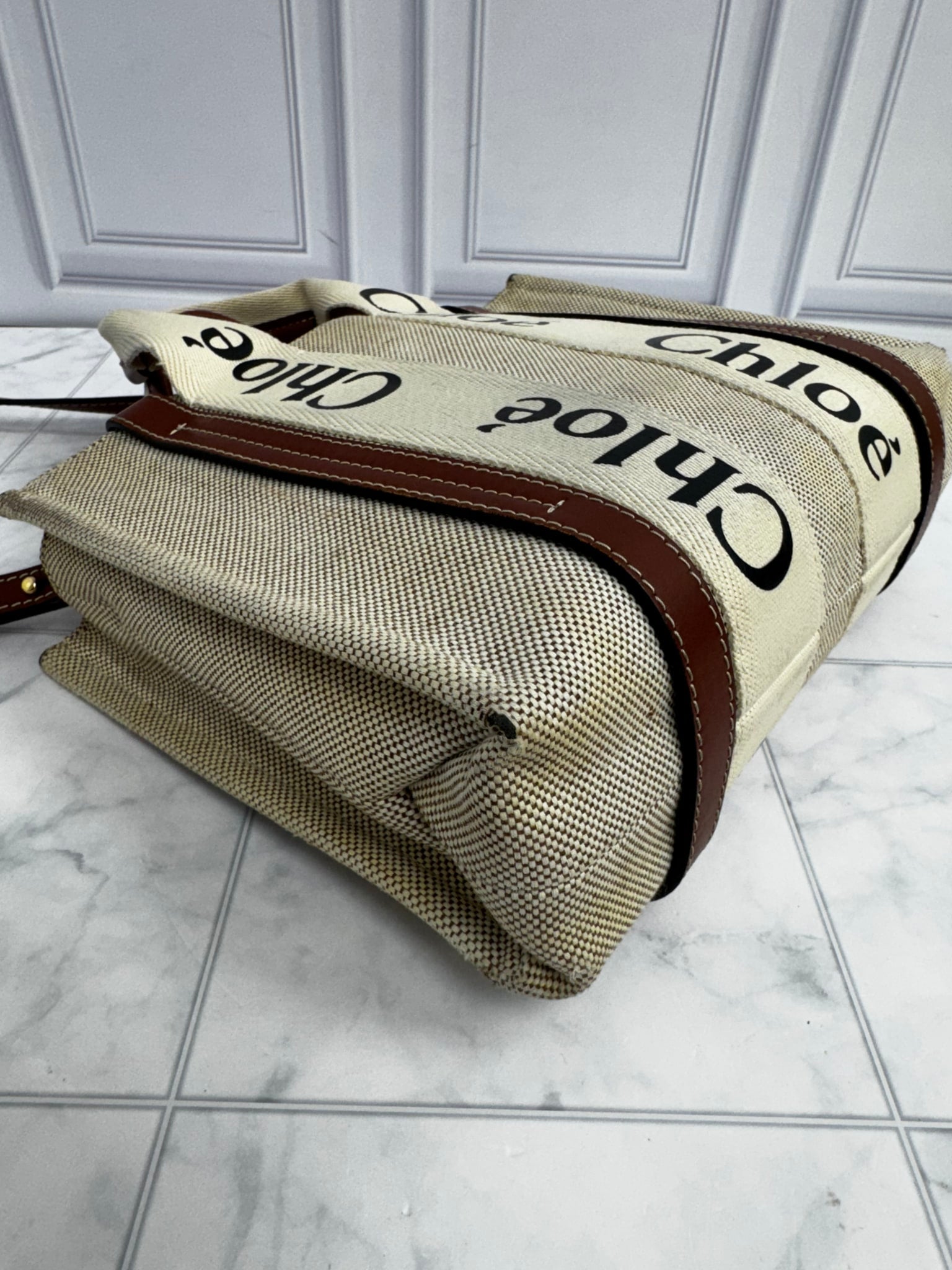 Chloe Beige Canvas Woody Small Tote Bag