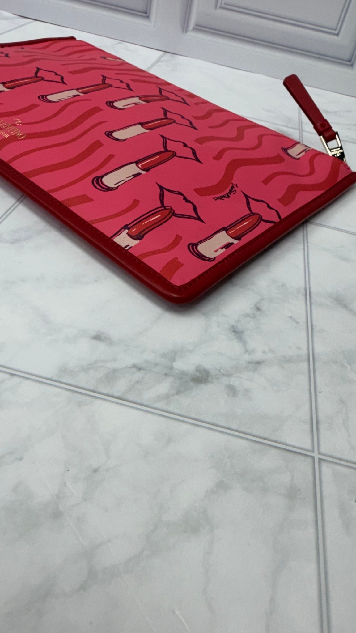 Valentino PINK Lipstick Printed Leather Pouch