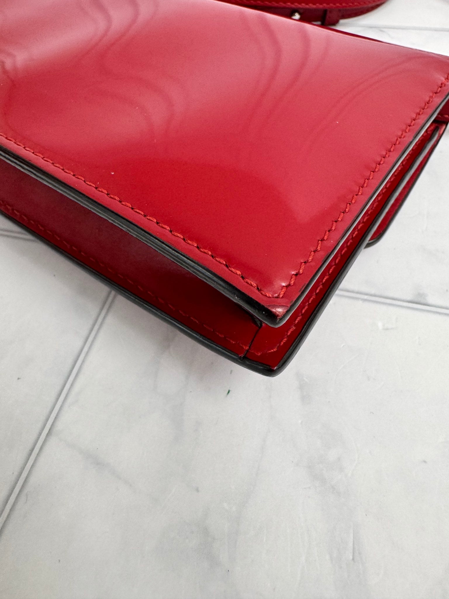 Gucci Red Patent Leather Interlocking G Wallet on Chain