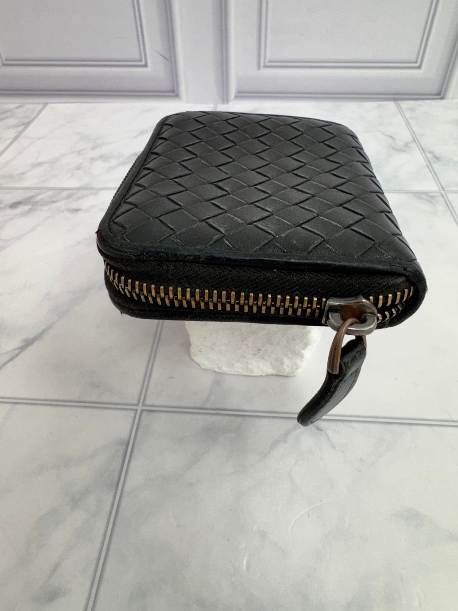 Bottega Veneta Black Intrecciato Leather Compact Zippy Wallet