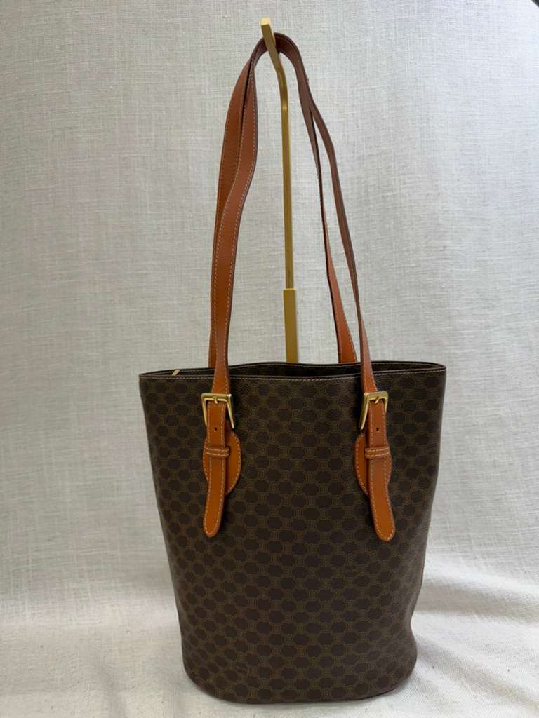 Celine Brown Coated Canvas Macadam Bucket Bag