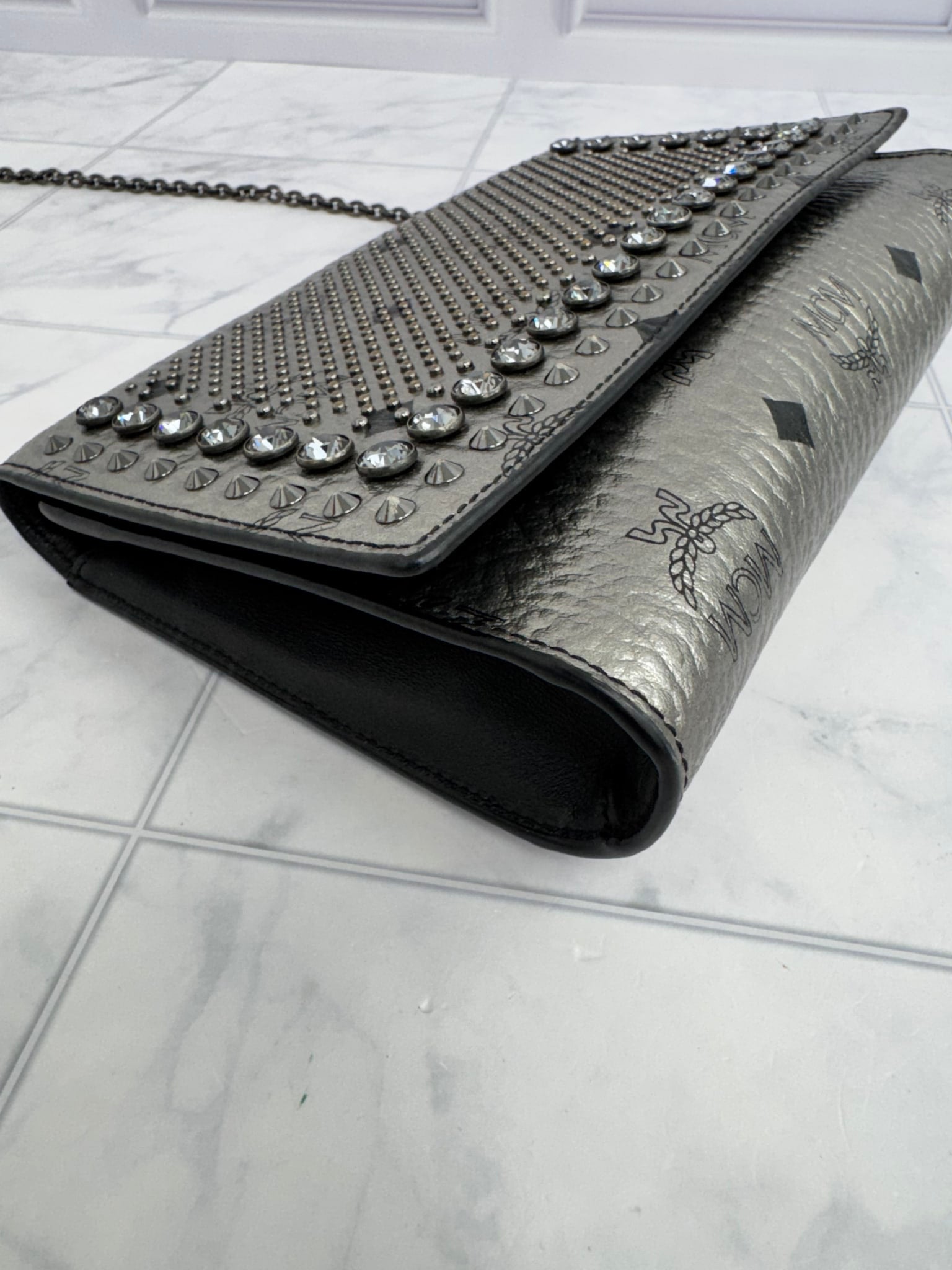 MCM Silver Visetos Monogram Studded Chain Crossbody Bag