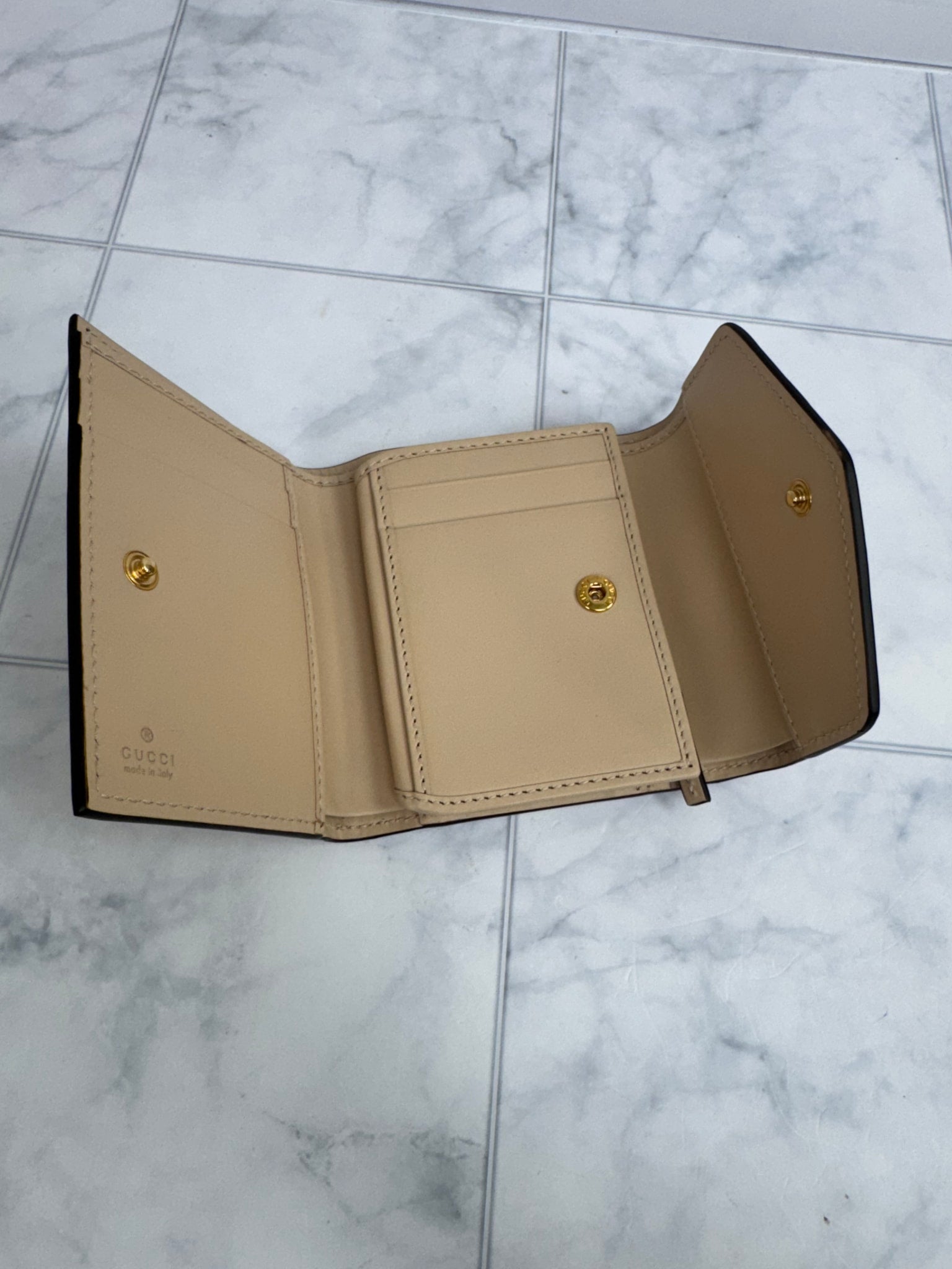 LIKE NEW - Gucci Beige GG Embossed Leather Gilbert Trifold Compact Wallet