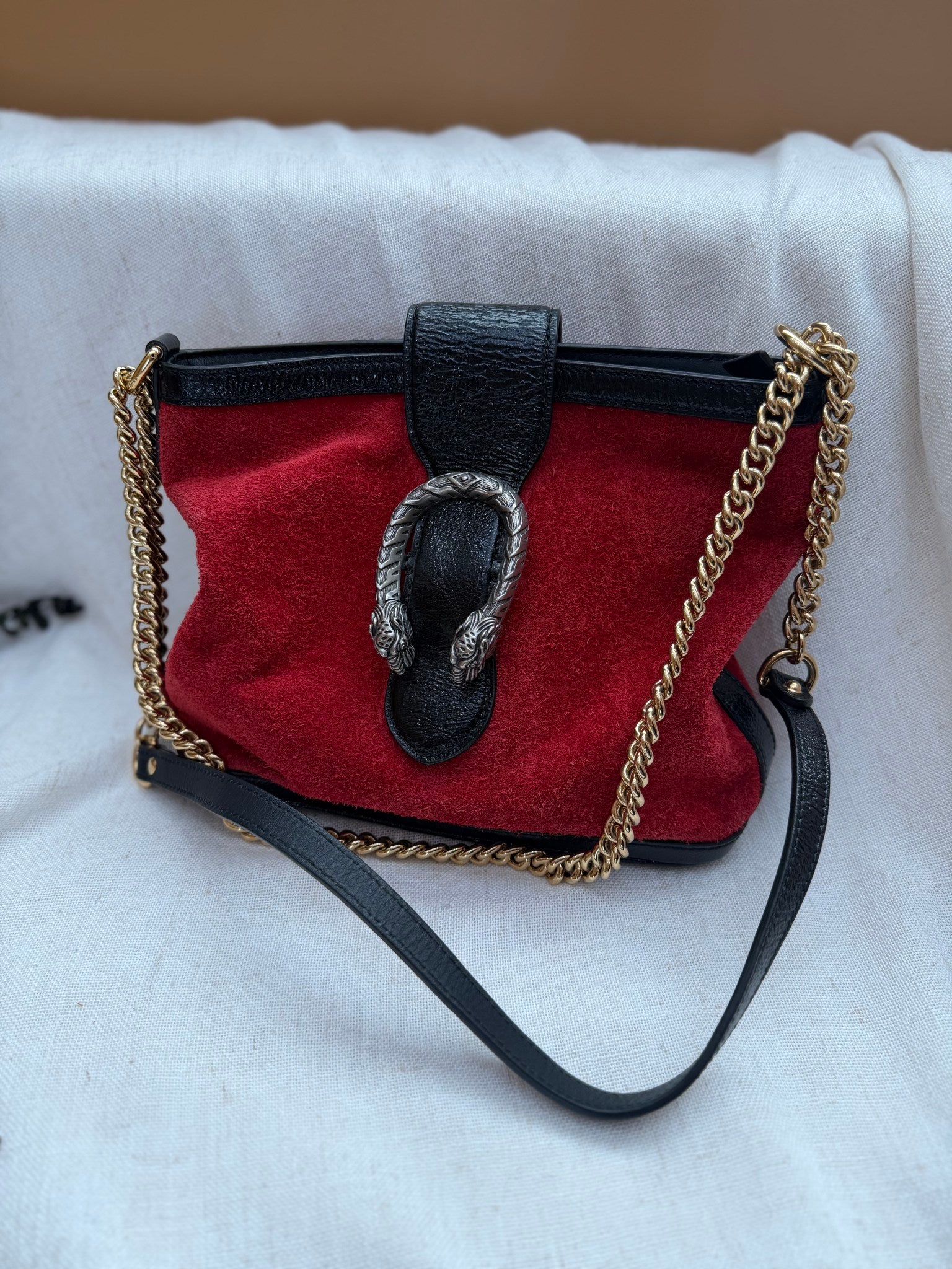 Gucci Red Suede Black Leather Medium Dionysus Bucket Bag